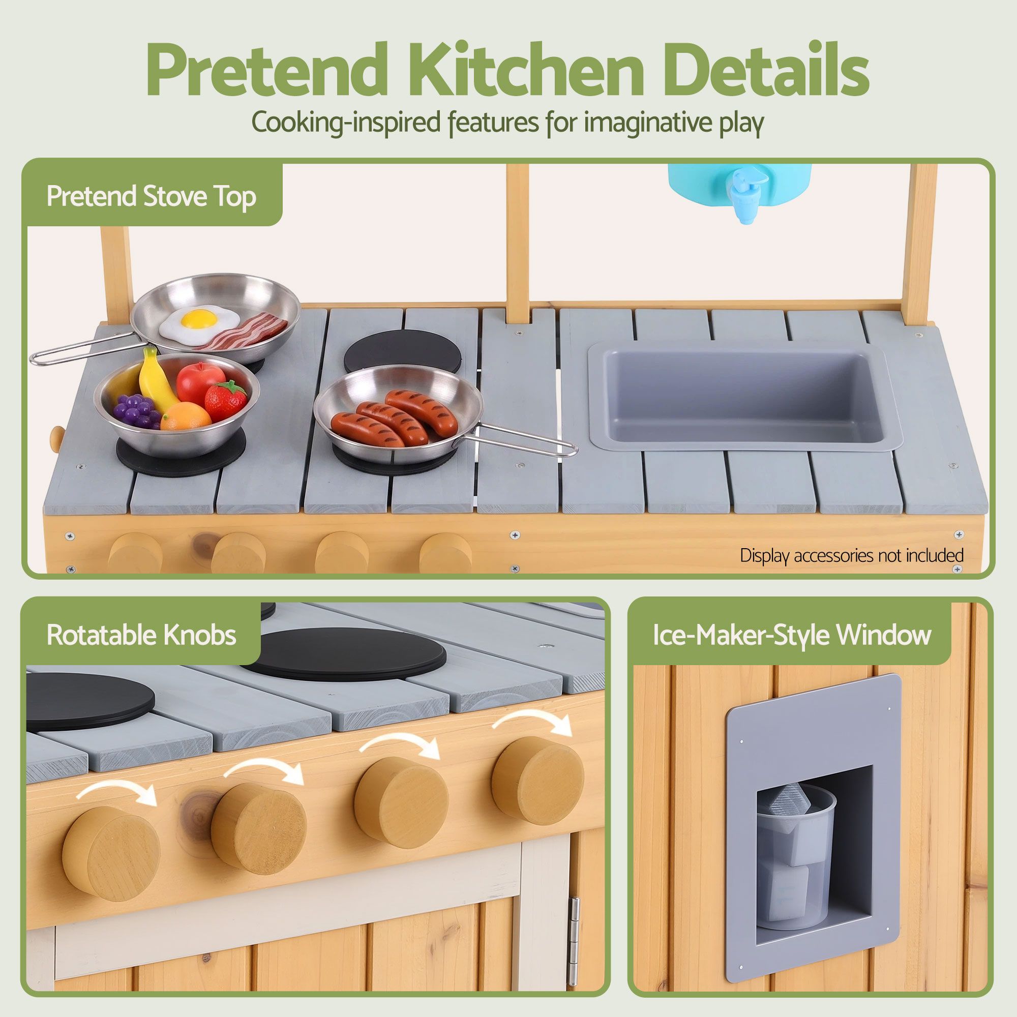 Kids Wooden Kitchen Playset 95cm Tall with Faucet, Basin, Knobs and Storage - Natural Grey Blue