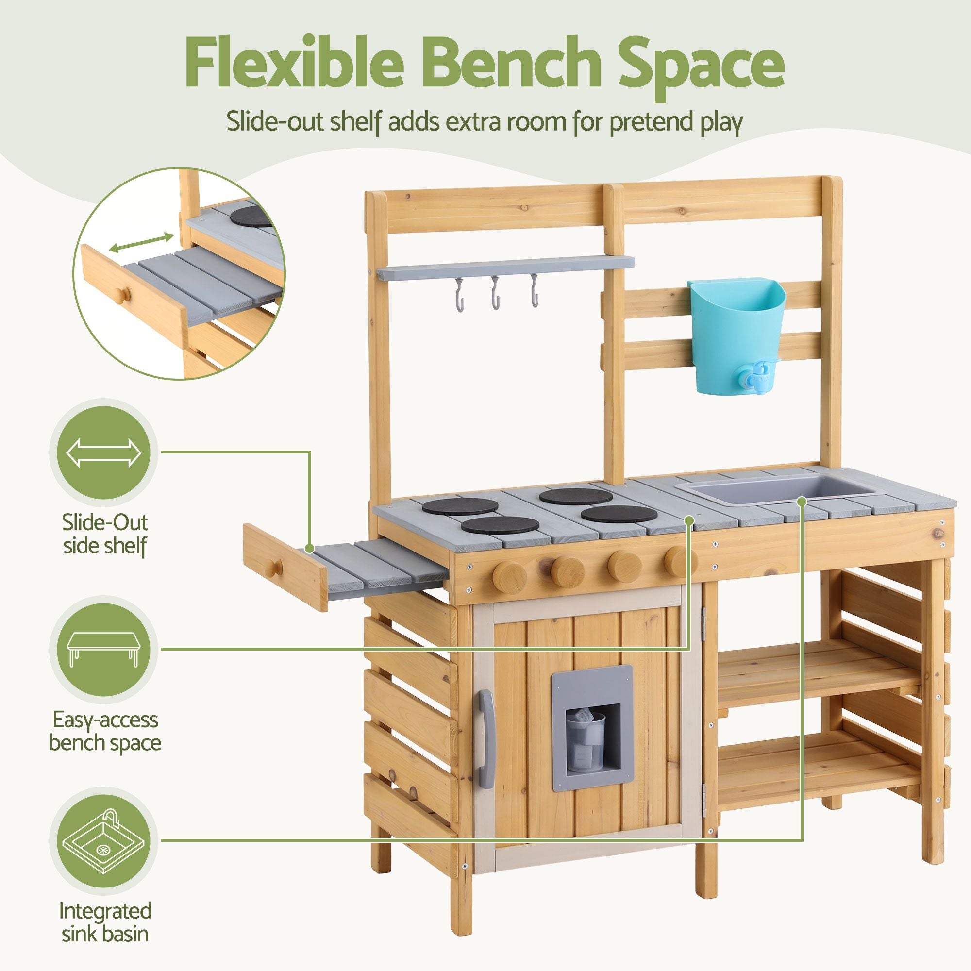 Kids Wooden Kitchen Playset 95cm Tall with Faucet, Basin, Knobs and Storage - Natural Grey Blue