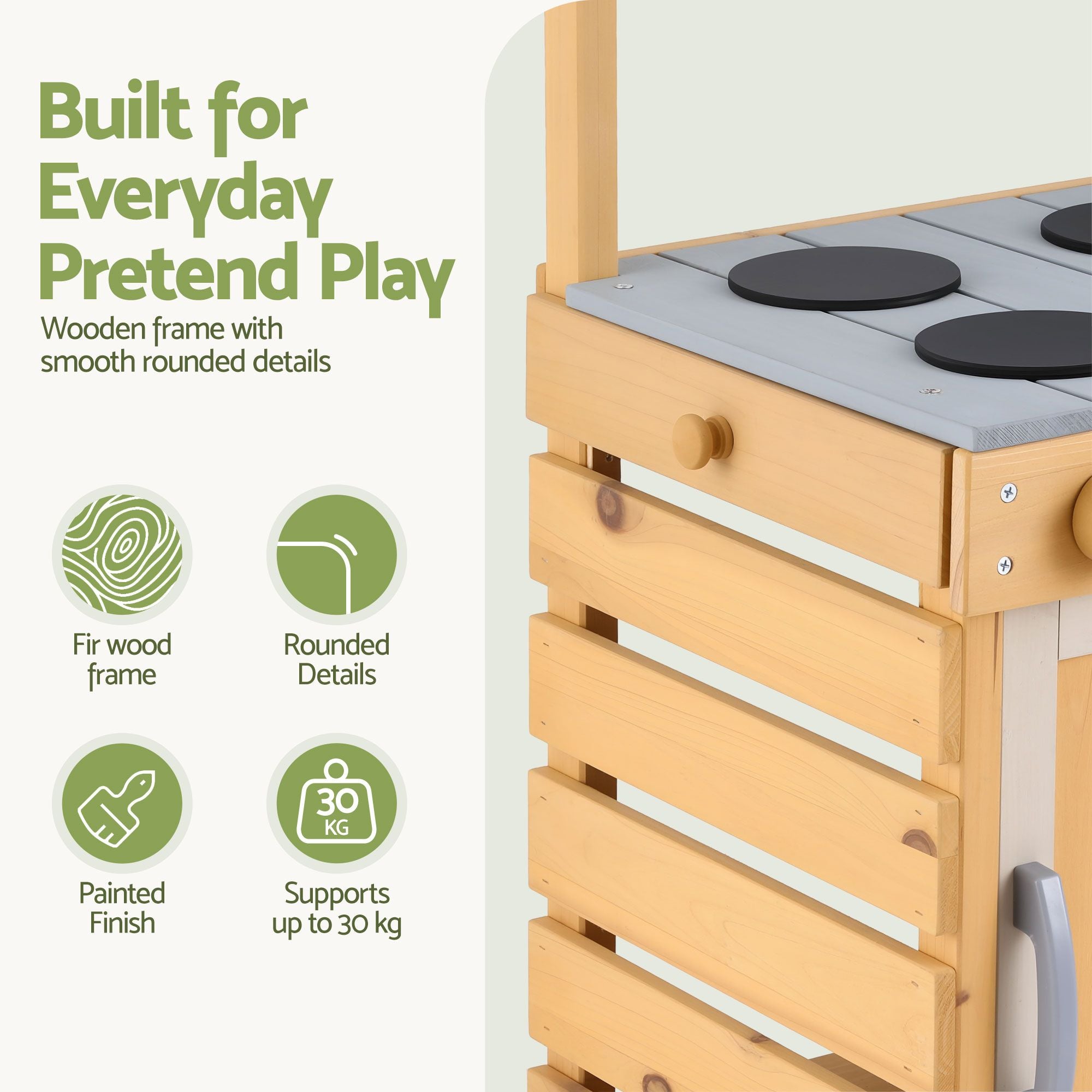 Kids Wooden Kitchen Playset 95cm Tall with Faucet, Basin, Knobs and Storage - Natural Grey Blue