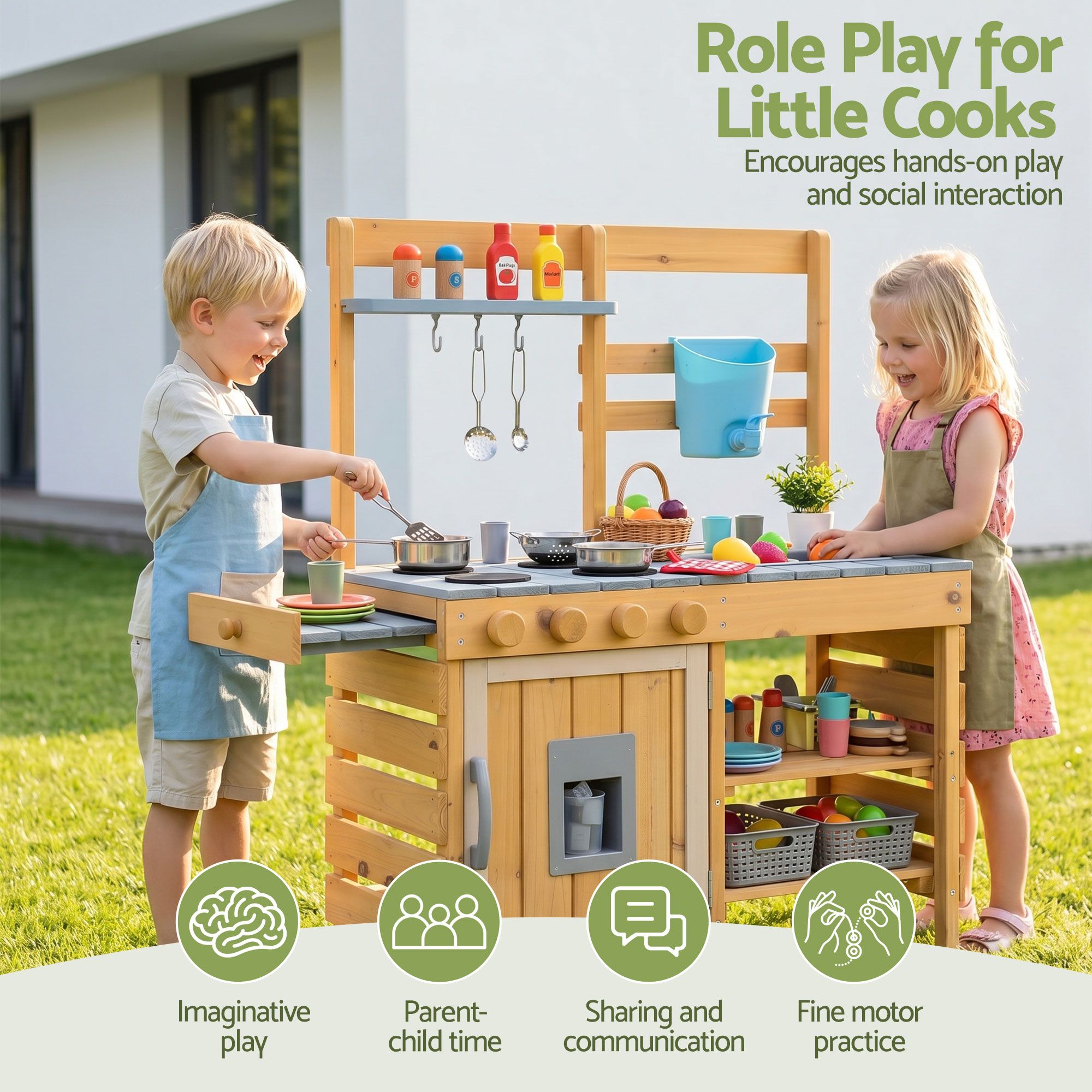 Kids Wooden Kitchen Playset 95cm Tall with Faucet, Basin, Knobs and Storage - Natural Grey Blue