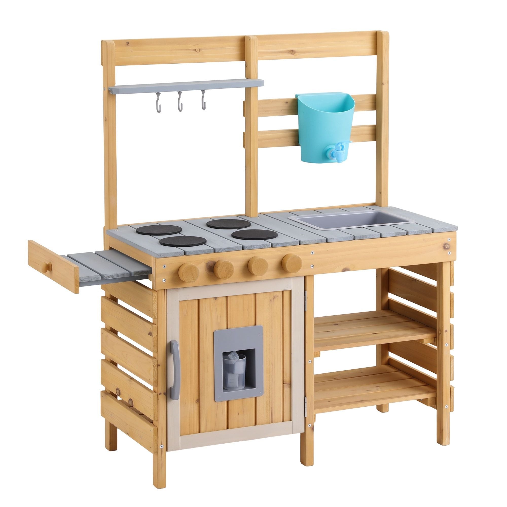 Kids Wooden Kitchen Playset 95cm Tall with Faucet, Basin, Knobs and Storage - Natural Grey Blue