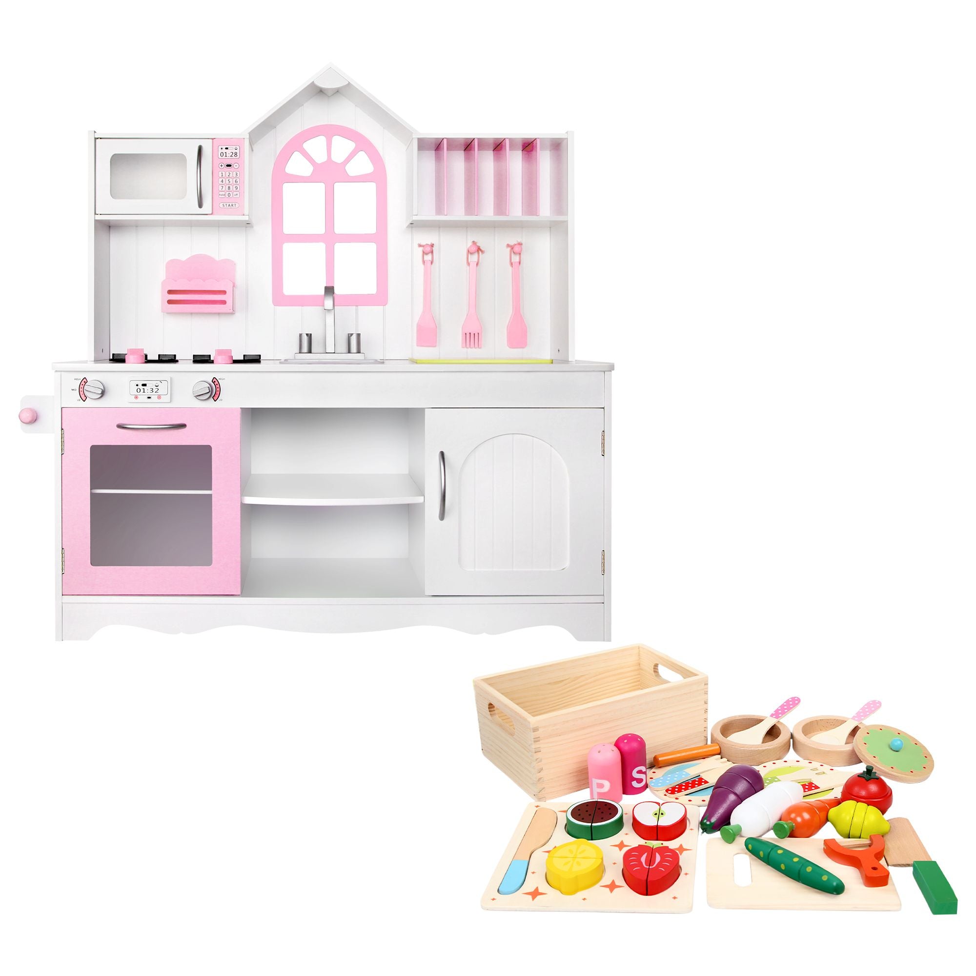 Wooden Kids Pretend Kitchen Playset with 29-Piece Food Set 108cm with Storage - Pink White