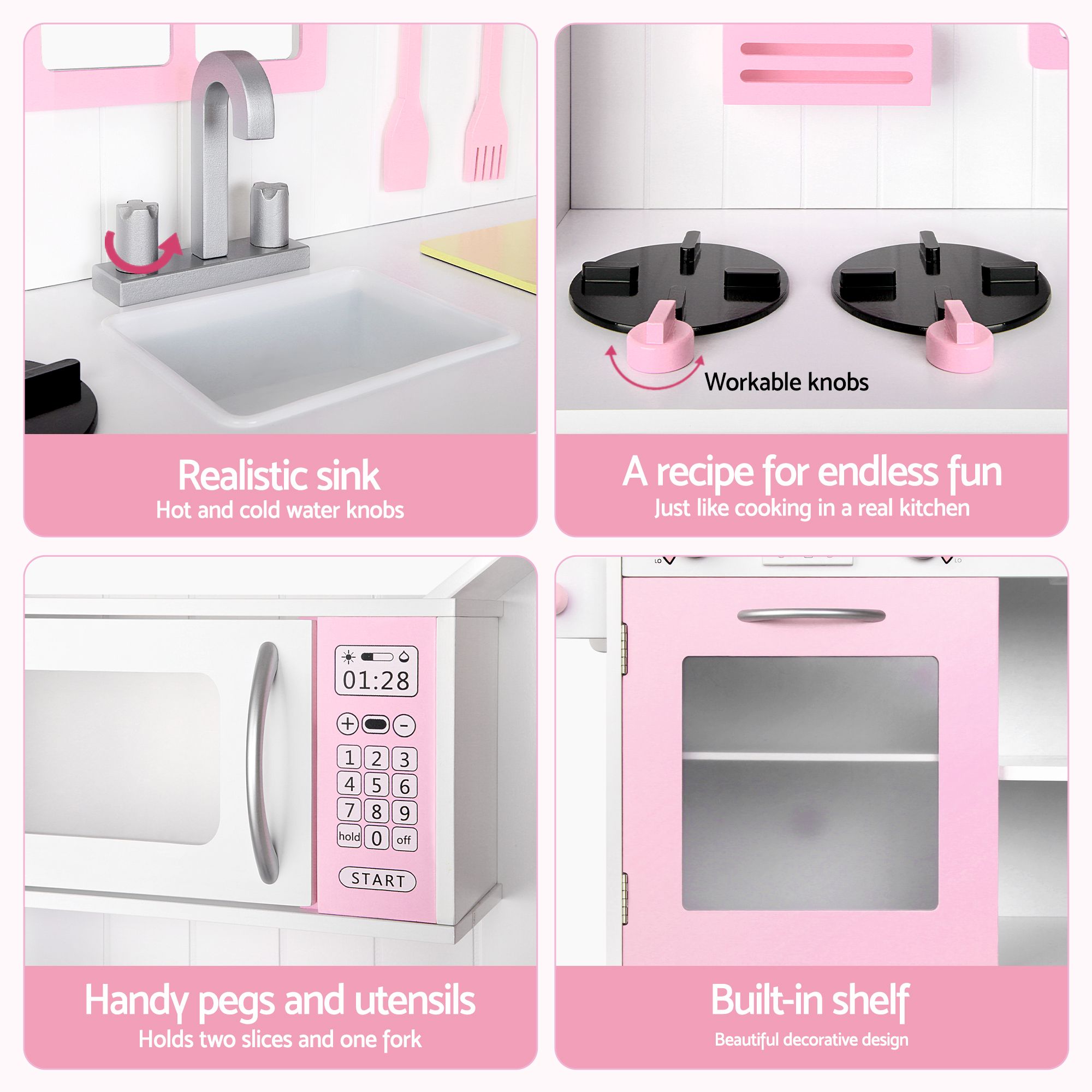 Wooden Kids Pretend Kitchen Playset with 29-Piece Food Set 108cm with Storage - Pink White