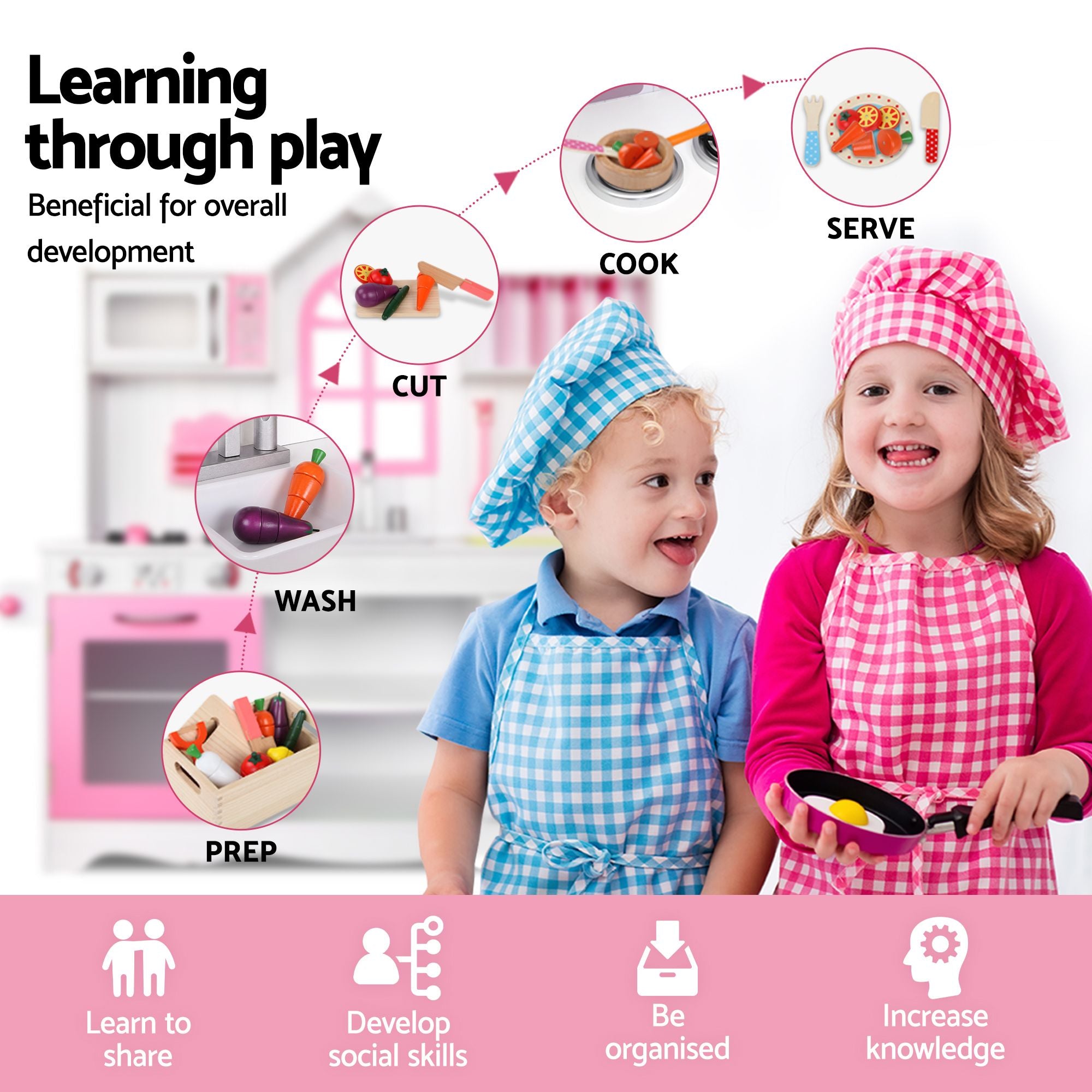 Wooden Kids Pretend Kitchen Playset with 29-Piece Food Set 108cm with Storage - Pink White