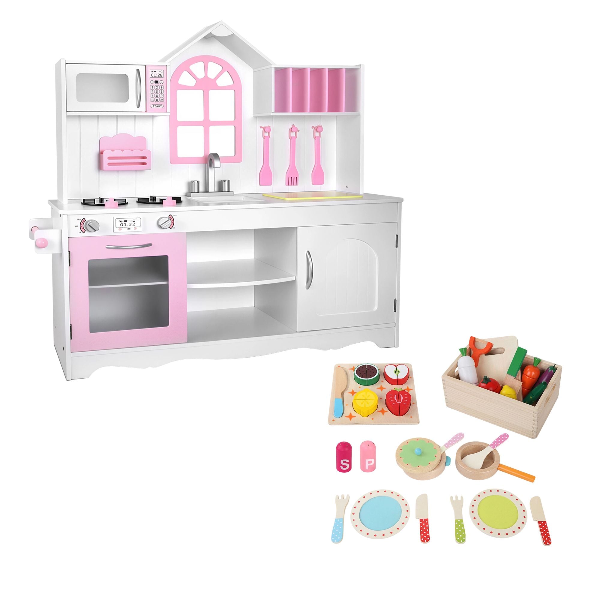 Wooden Kids Pretend Kitchen Playset with 29-Piece Food Set 108cm with Storage - Pink White