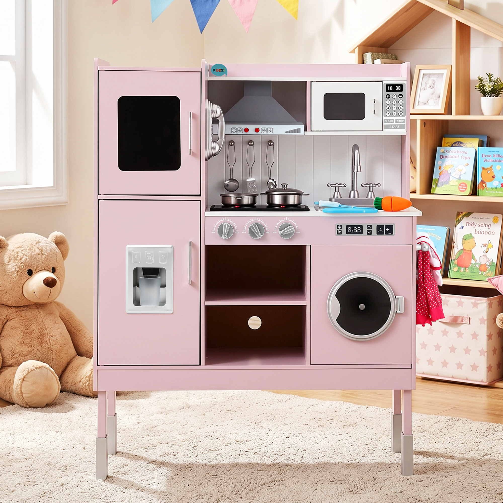 102cm Wooden Pretend Kitchen Playset With Apron And Food Set1 Pink