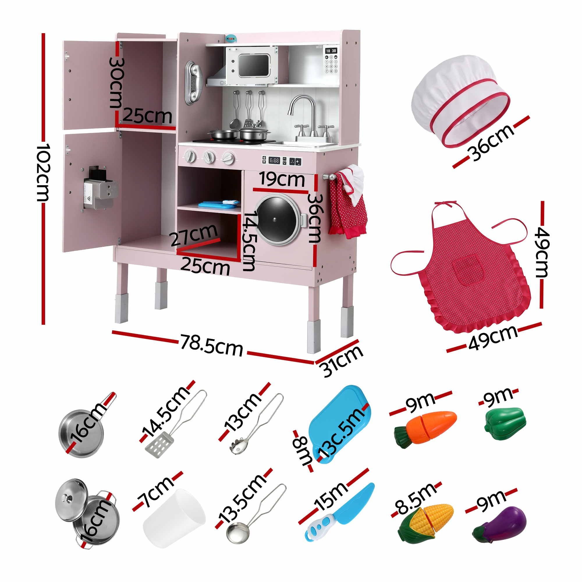 102cm Wooden Pretend Kitchen Playset With Apron And Food Set1 Pink
