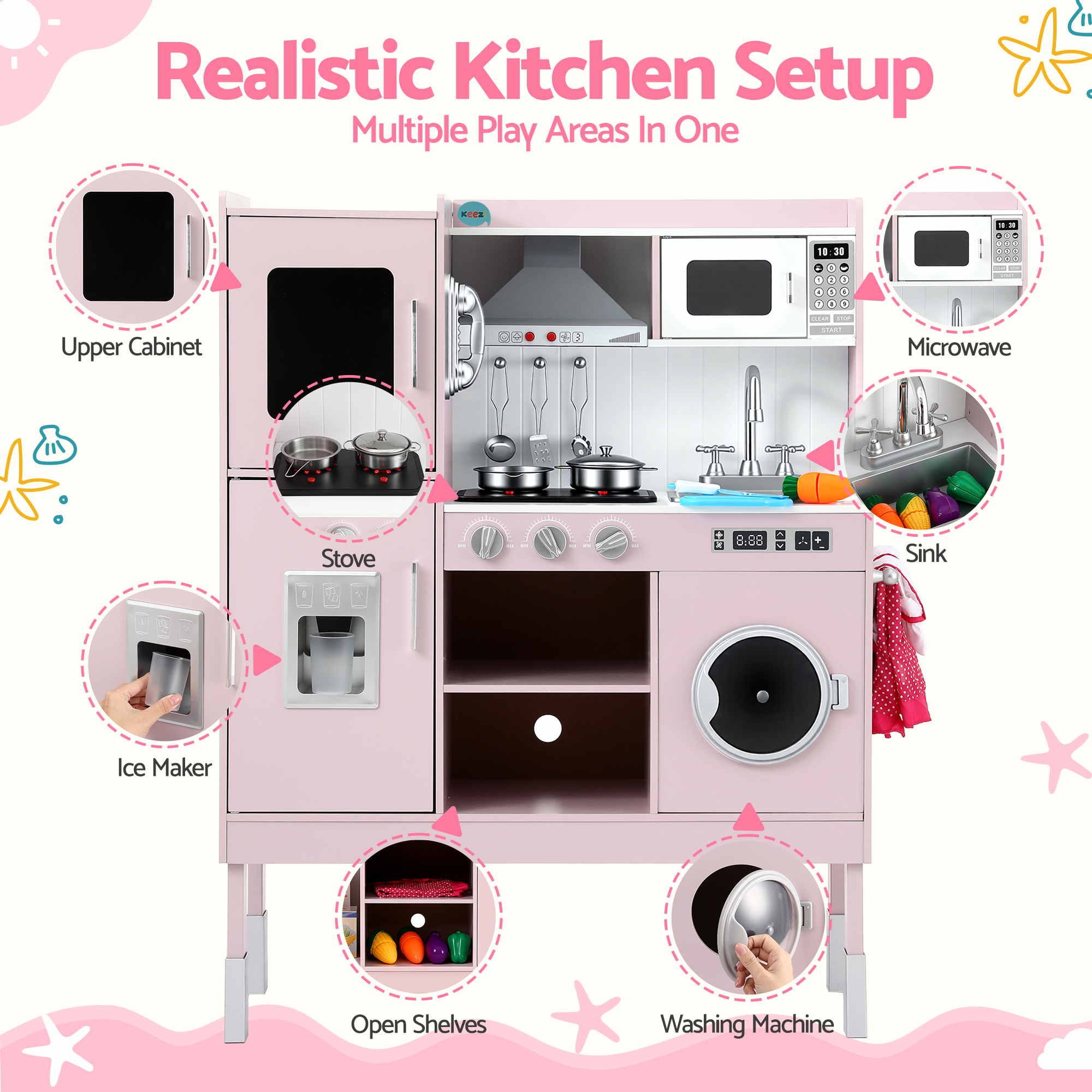 102cm Wooden Pretend Kitchen Playset With Apron And Food Set1 Pink