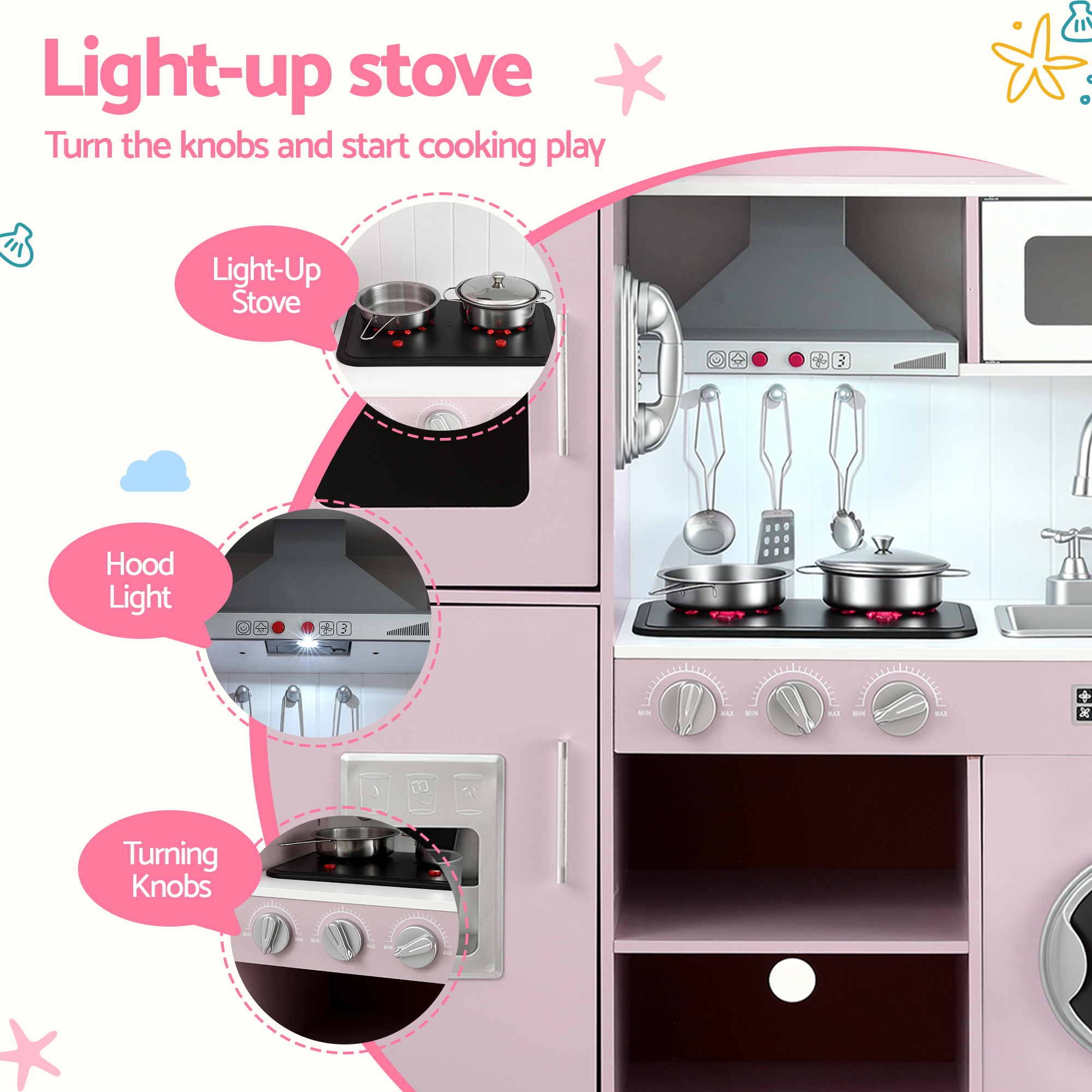 102cm Wooden Pretend Kitchen Playset With Apron And Food Set1 Pink