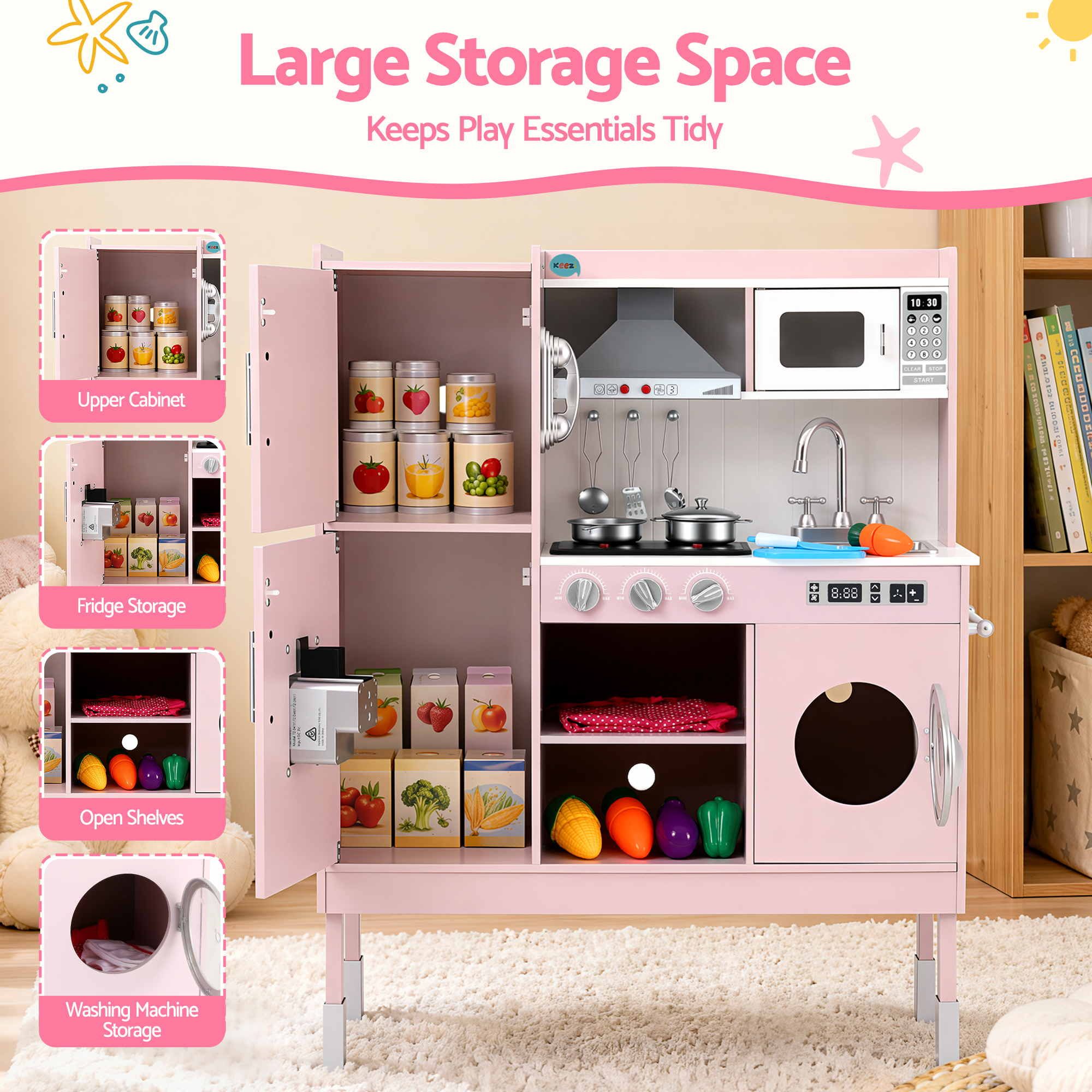 102cm Wooden Pretend Kitchen Playset With Apron And Food Set1 Pink
