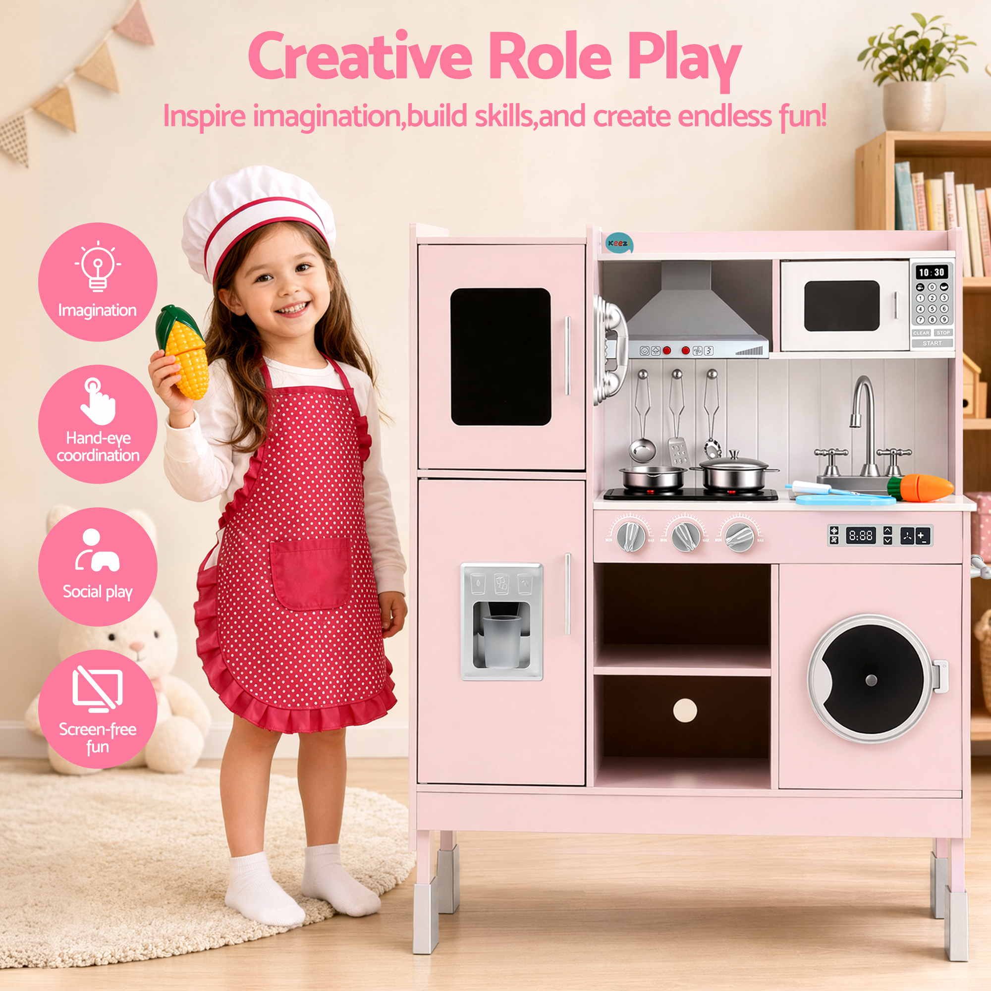 102cm Wooden Pretend Kitchen Playset With Apron And Food Set1 Pink
