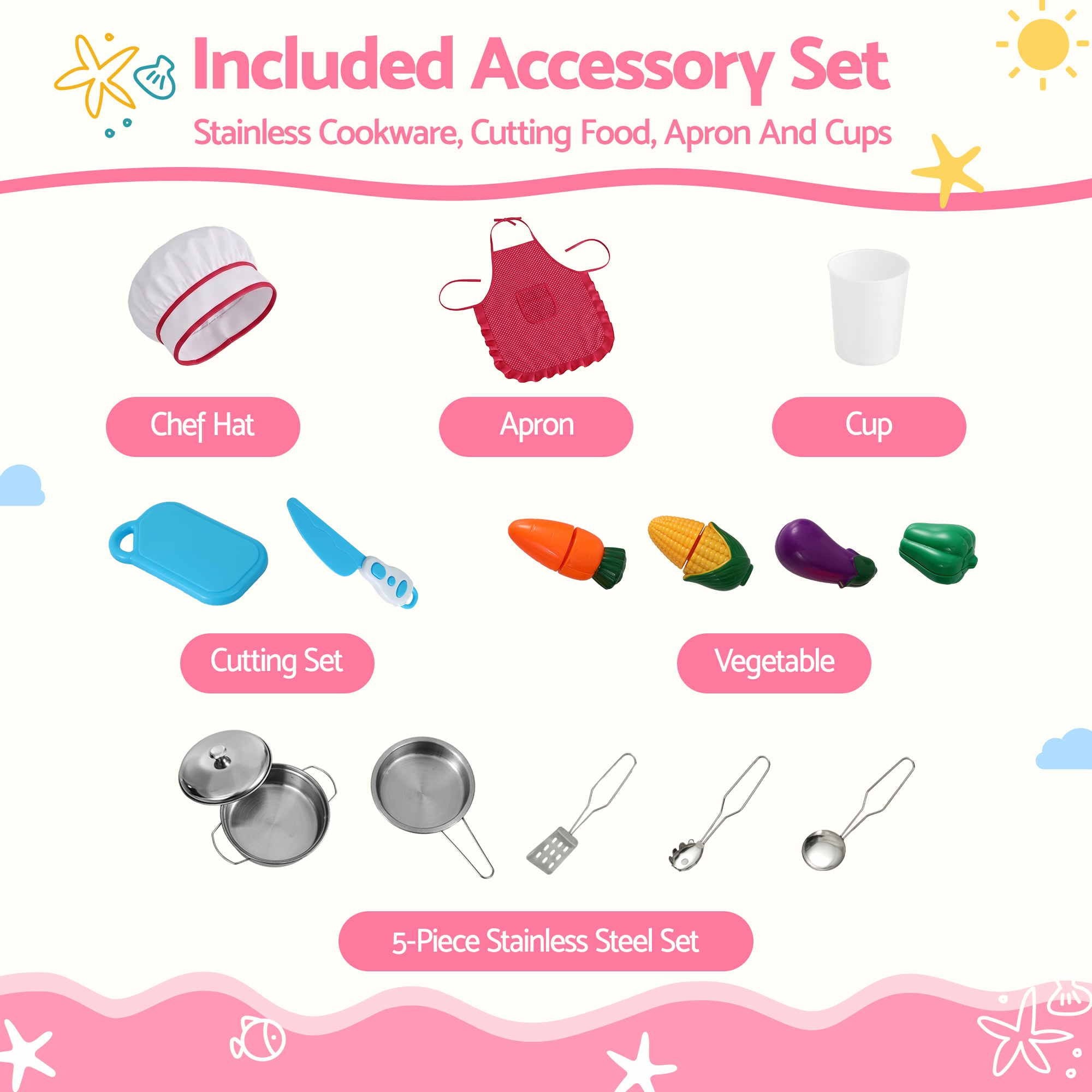 102cm Wooden Pretend Kitchen Playset With Apron And Food Set1 Pink