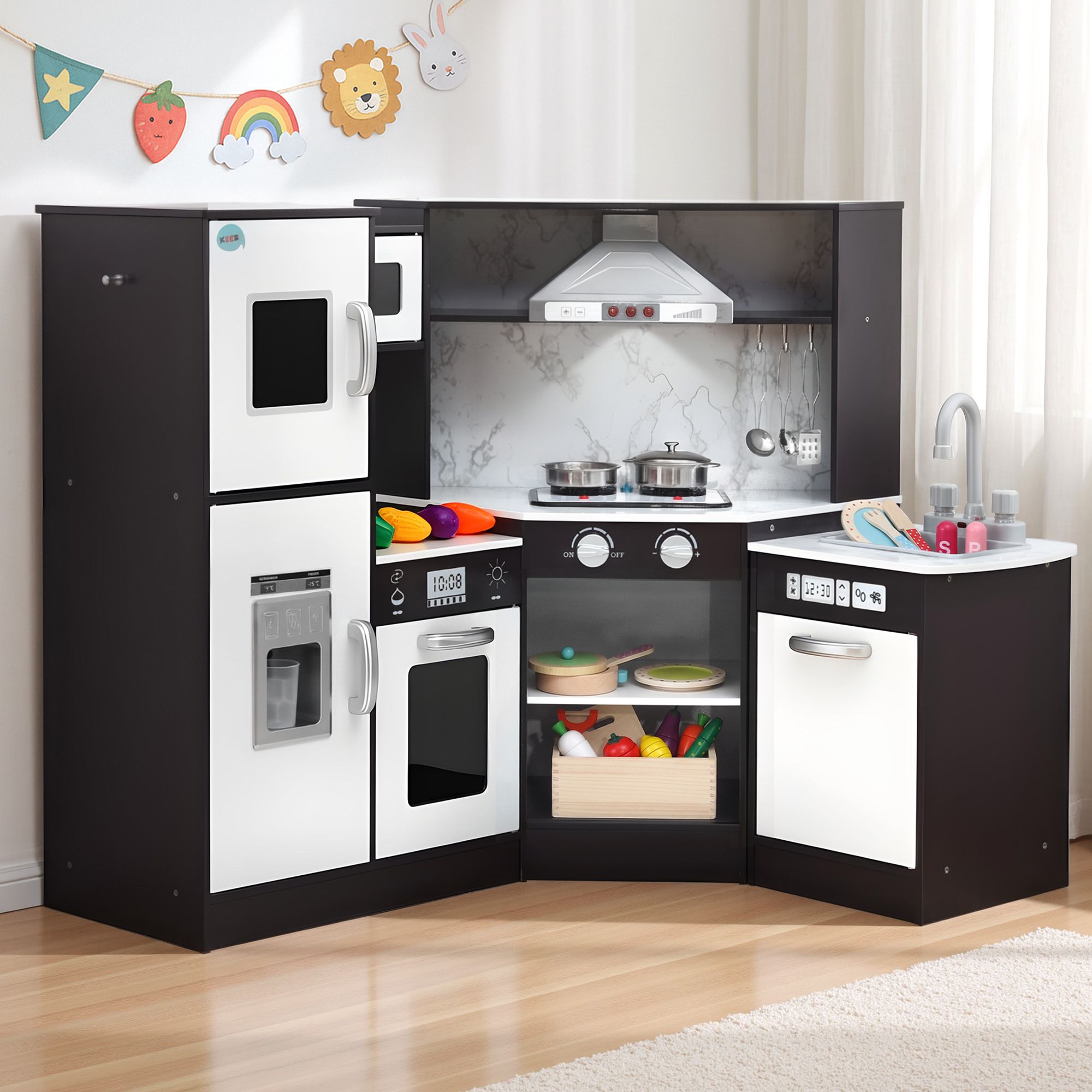 Kids Wooden Corner Kitchen Playset with 29-Piece Food Set - Black White