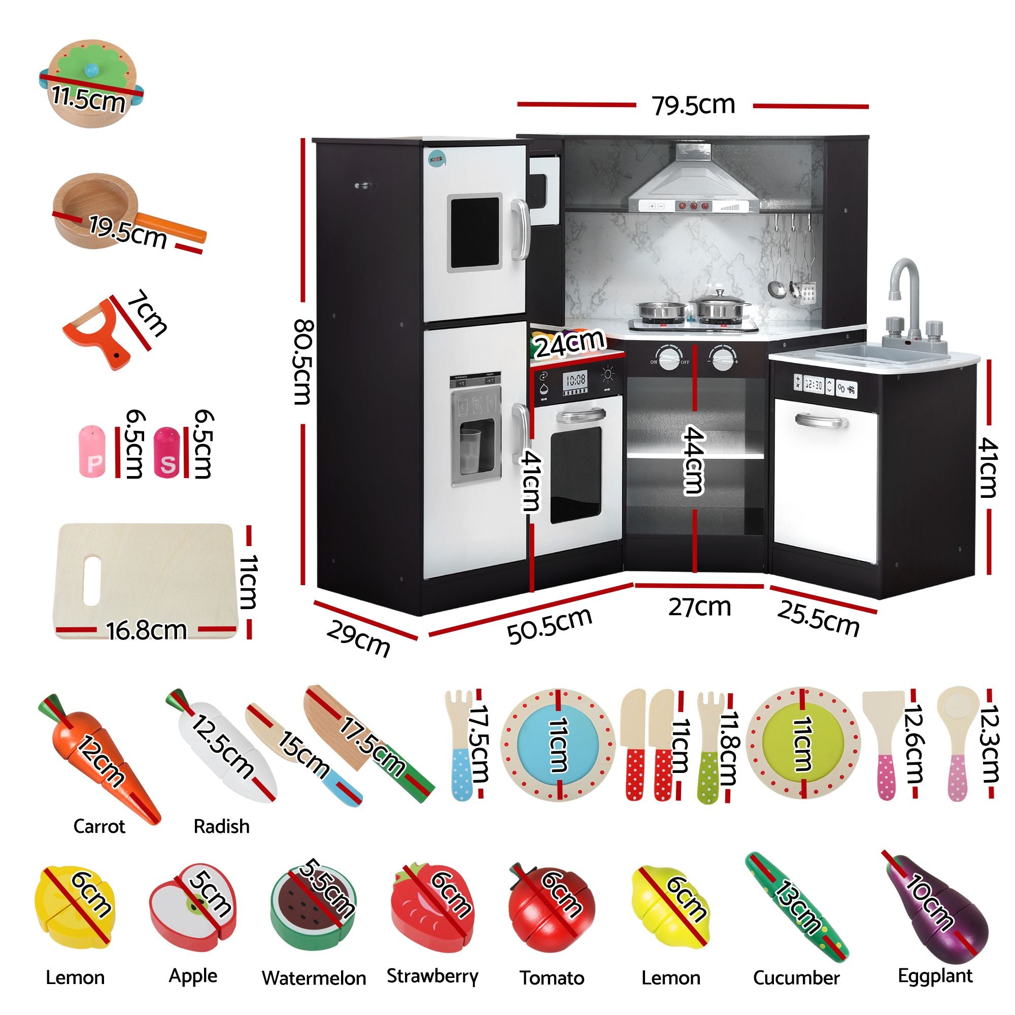 Kids Wooden Corner Kitchen Playset with 29-Piece Food Set - Black White