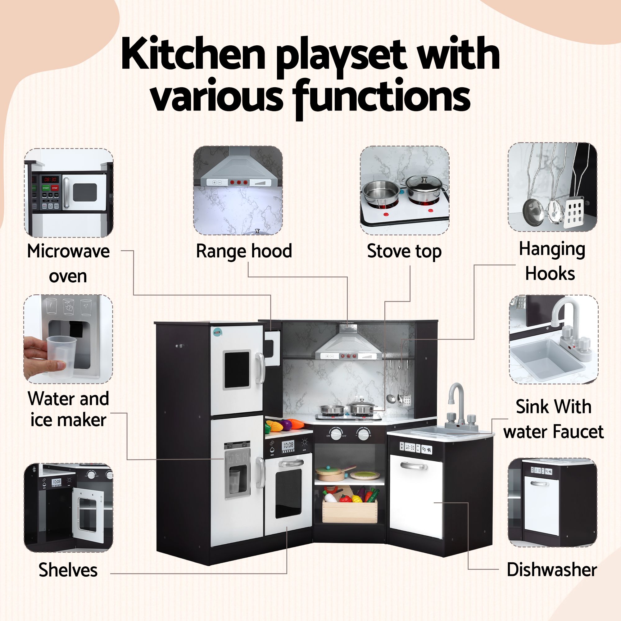 Kids Wooden Corner Kitchen Playset with 29-Piece Food Set - Black White