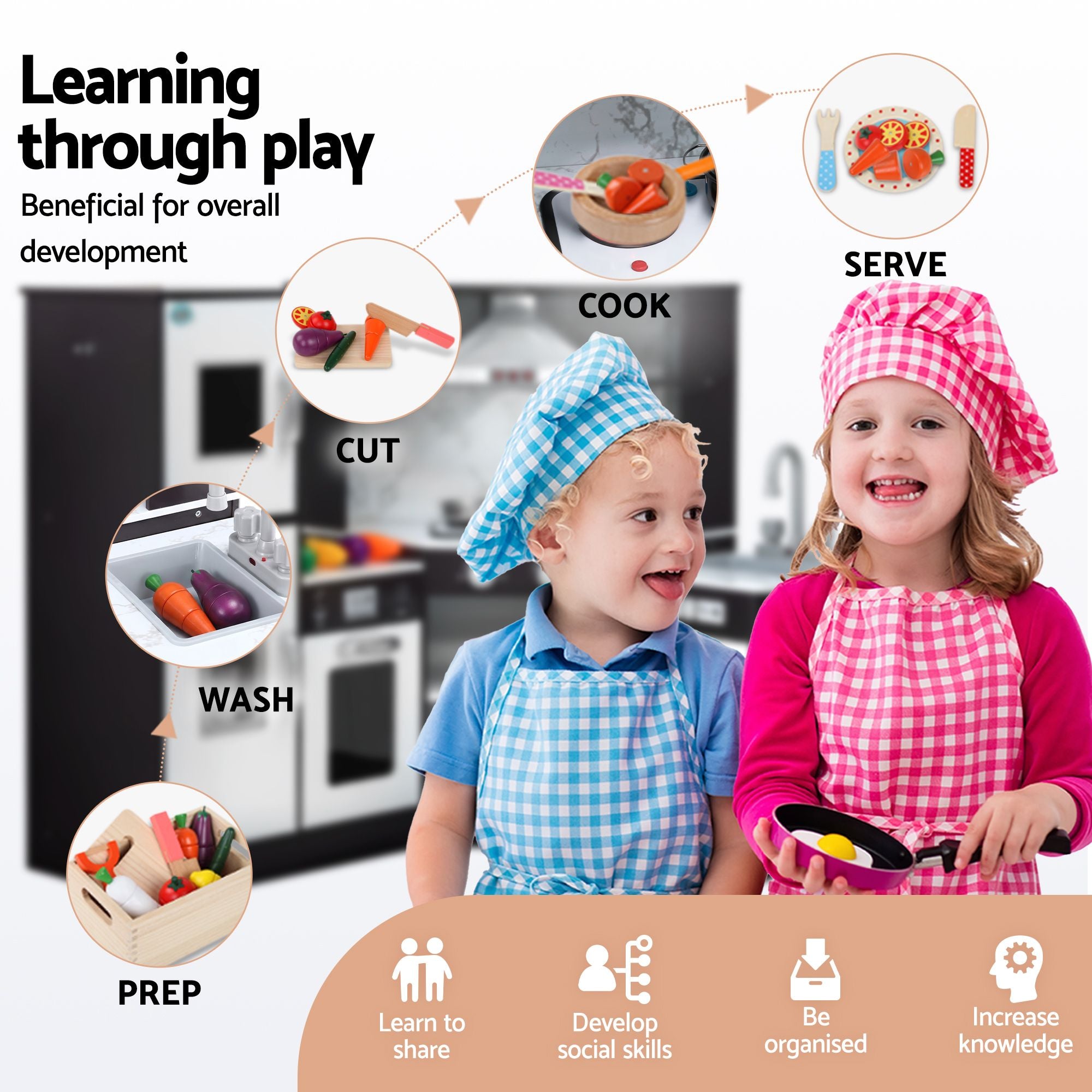Kids Wooden Corner Kitchen Playset with 29-Piece Food Set - Black White