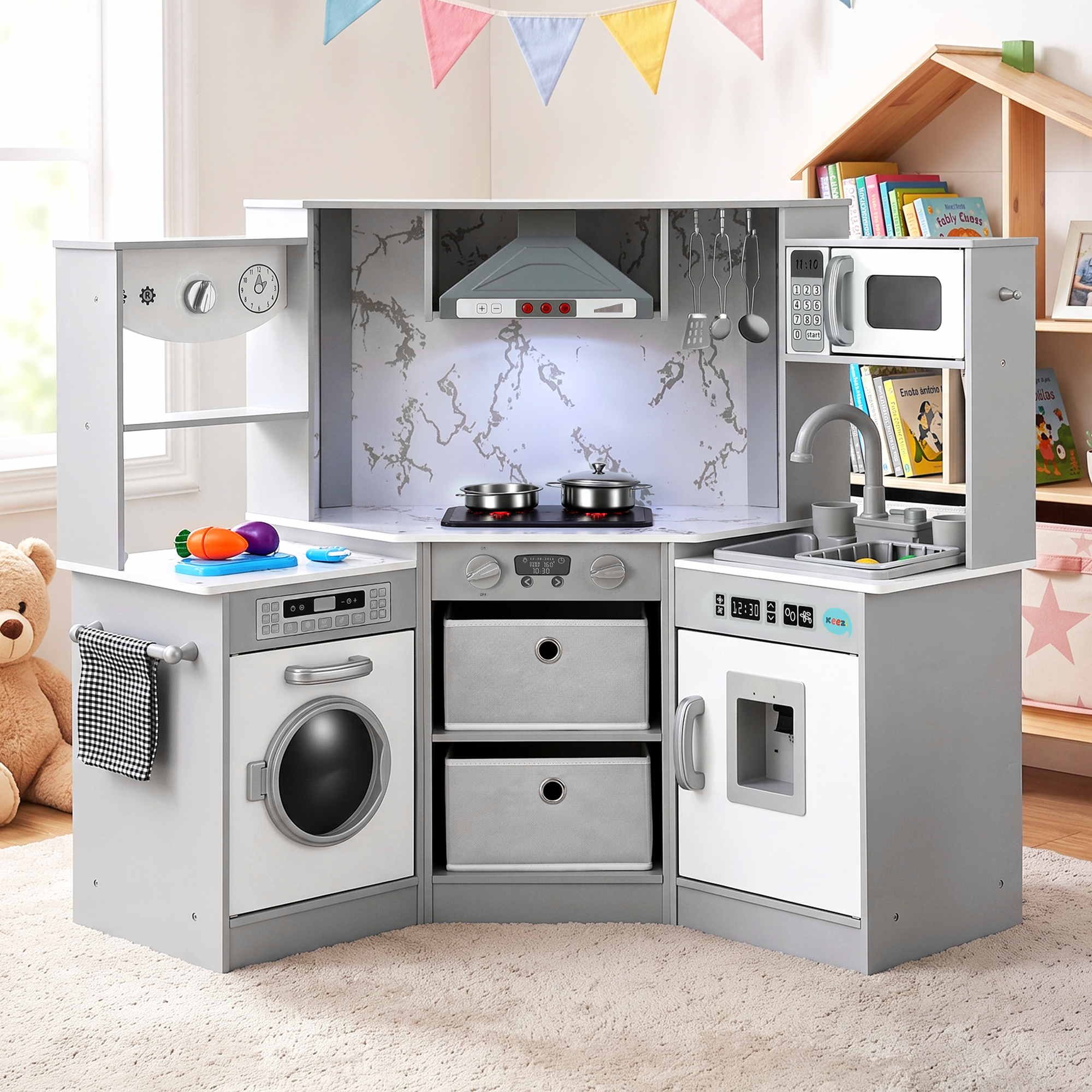 112cm Wooden Pretend Kitchen Playset Kids Toy Sink Stove Grey