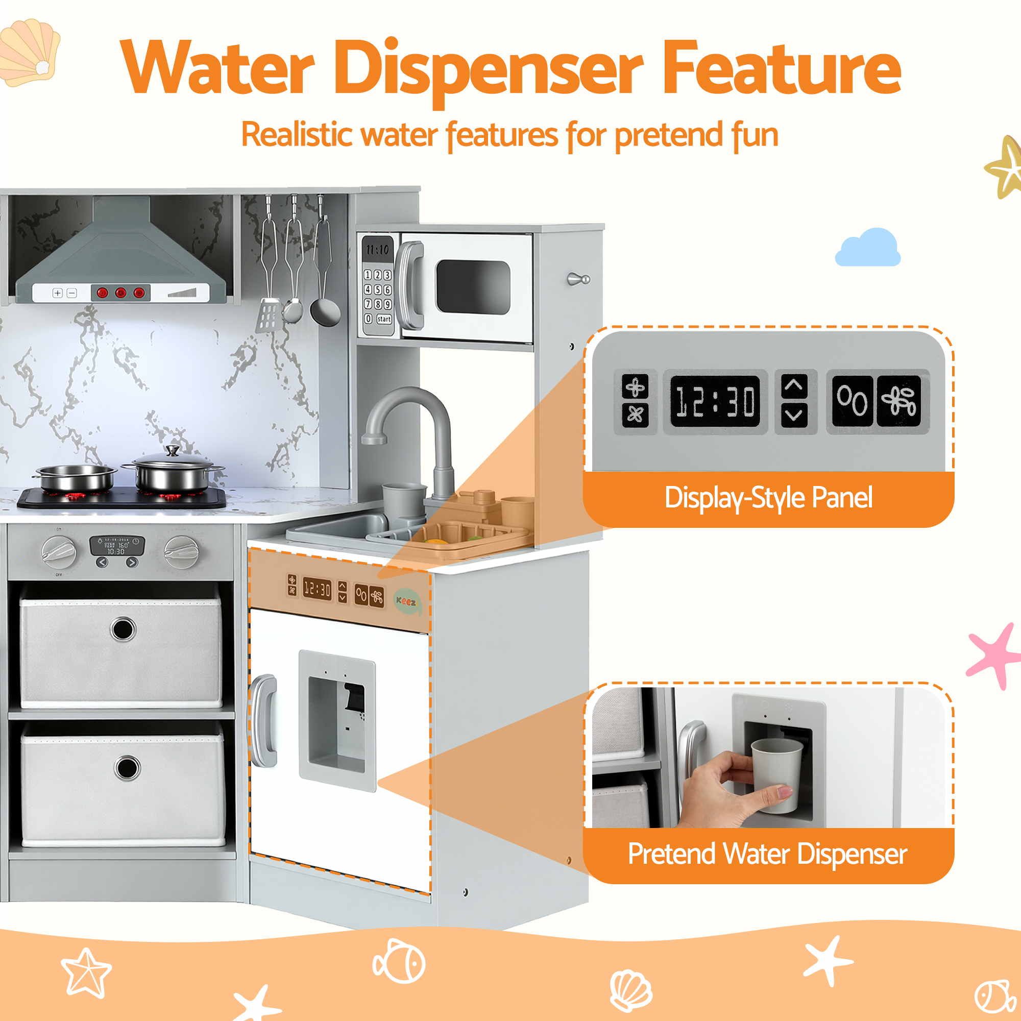 112cm Wooden Pretend Kitchen Playset Kids Toy Sink Stove Grey
