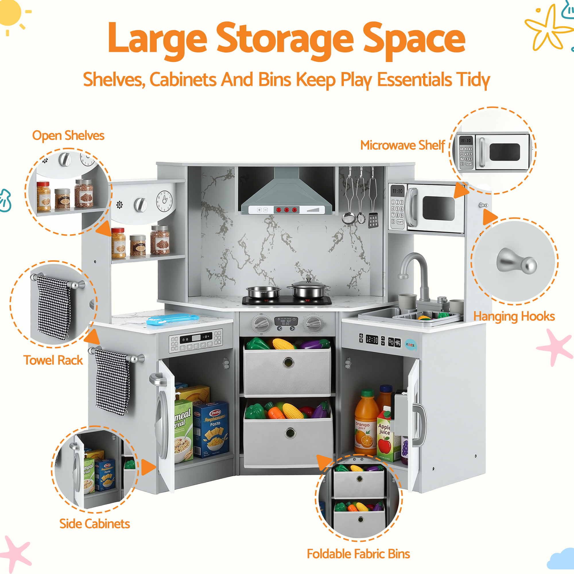 112cm Wooden Pretend Kitchen Playset Kids Toy Sink Stove Grey
