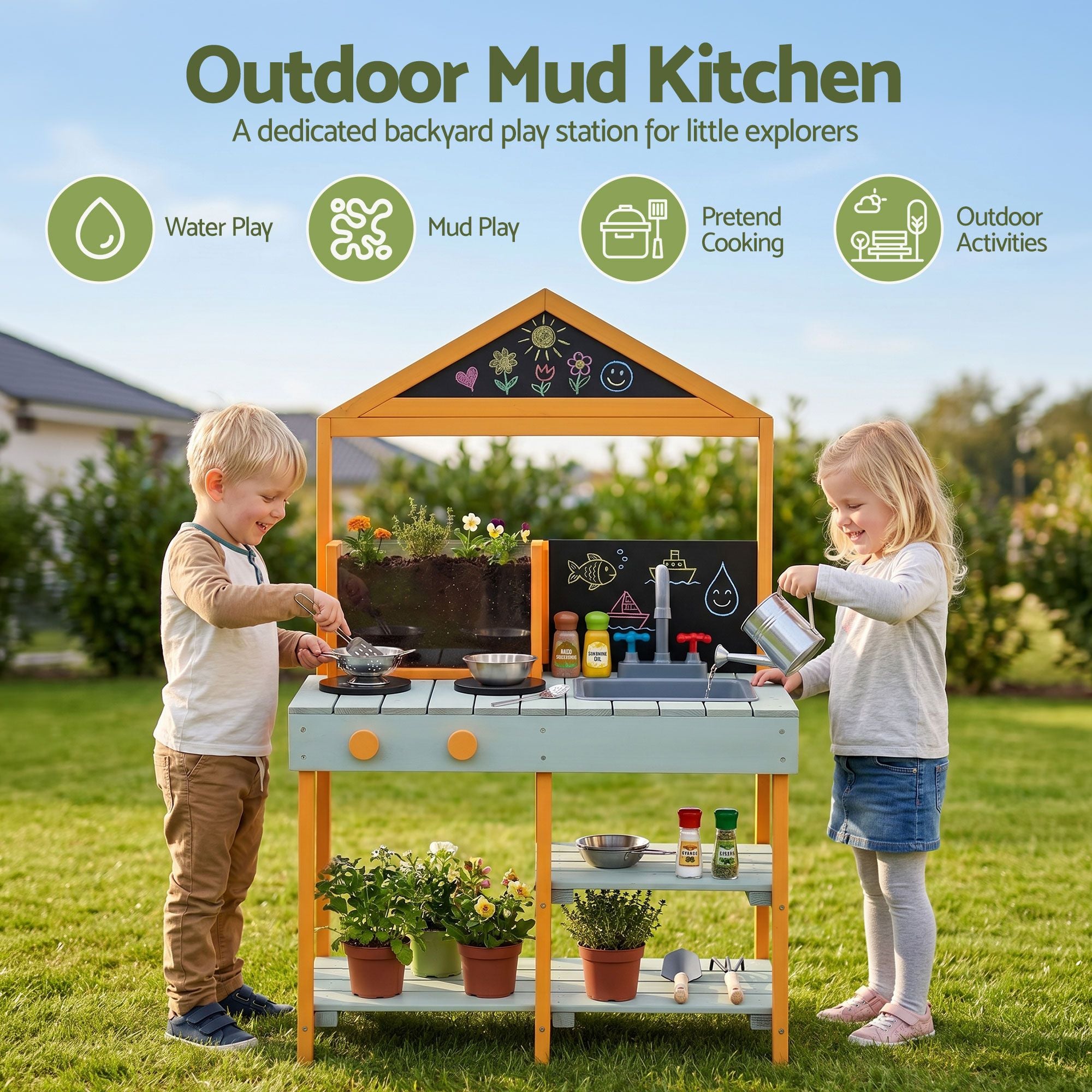Kids Mud Kitchen Play Set with Blackboard 110cm - Multicoloured