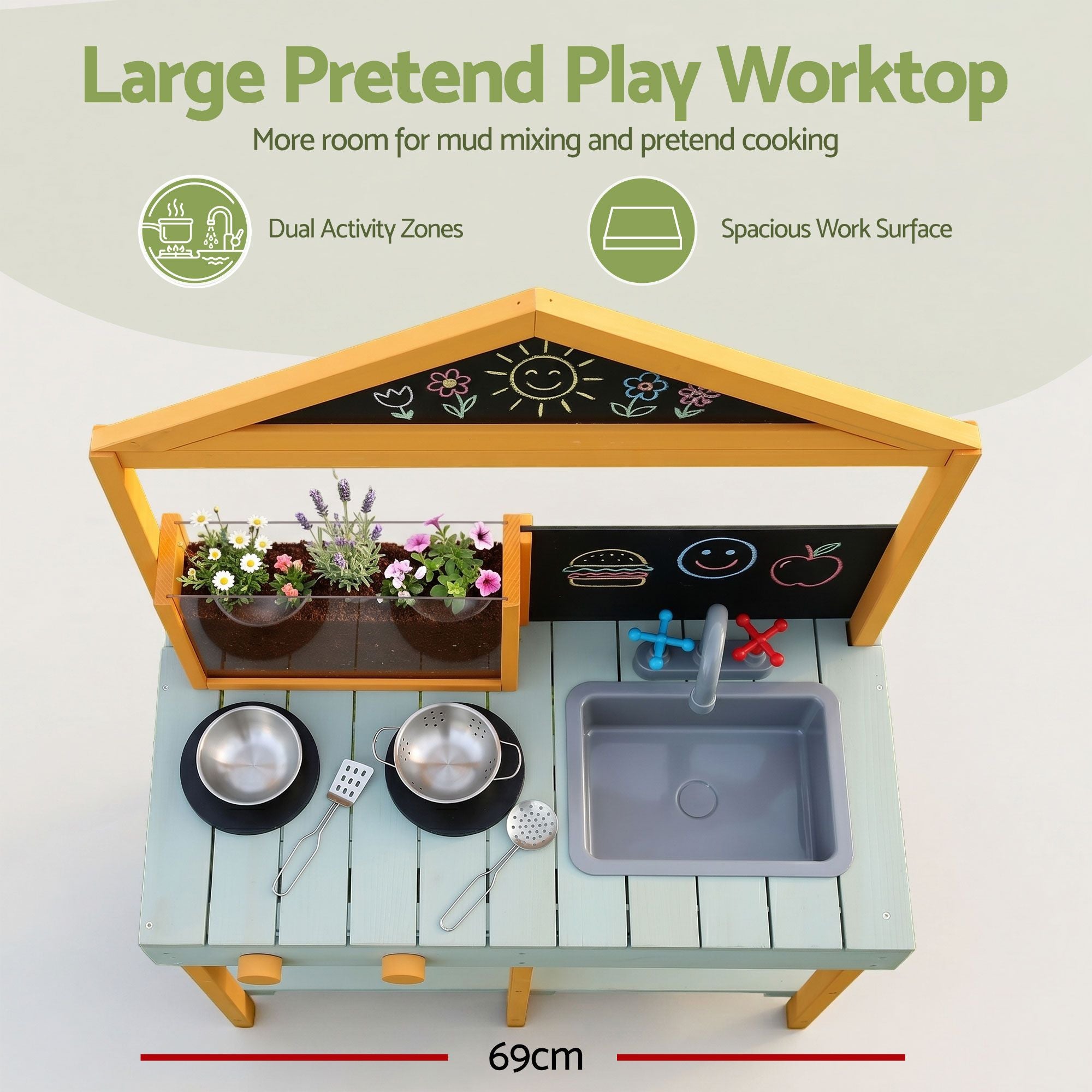 Kids Mud Kitchen Play Set with Blackboard 110cm - Multicoloured