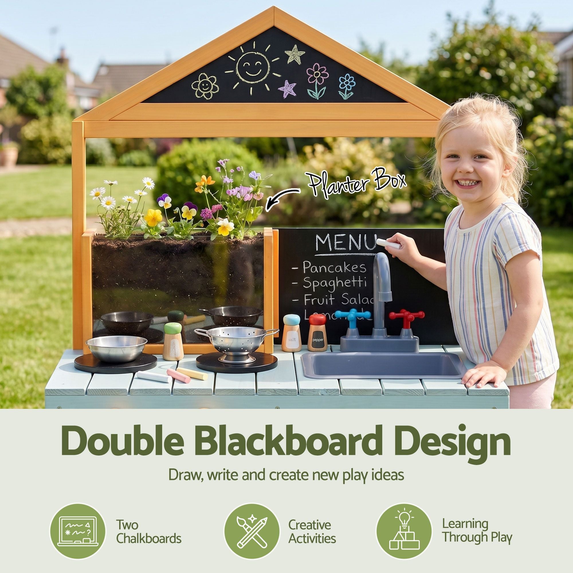 Kids Mud Kitchen Play Set with Blackboard 110cm - Multicoloured