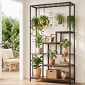 6-Tier Tall Indoor Plant Stand with Hanging Hooks and Wooden Shelves for Indoor Outdoor Use