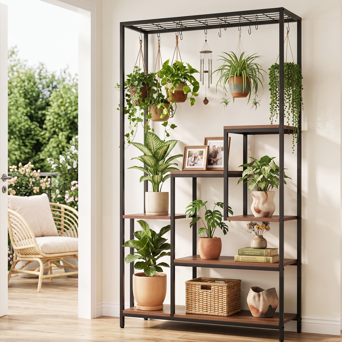 6-Tier Tall Indoor Plant Stand with Hanging Hooks and Wooden Shelves for Indoor Outdoor Use