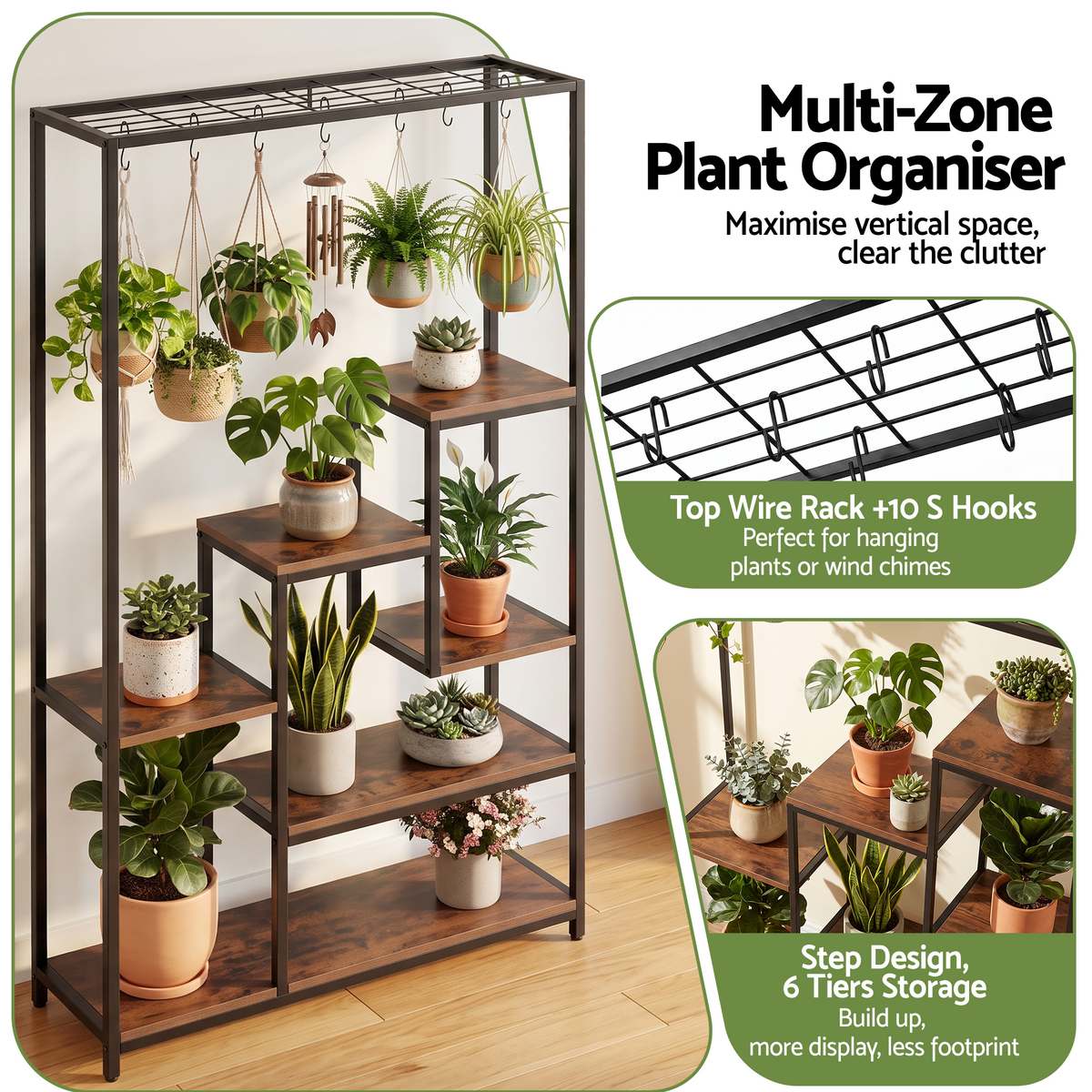 6-Tier Tall Indoor Plant Stand with Hanging Hooks and Wooden Shelves for Indoor Outdoor Use