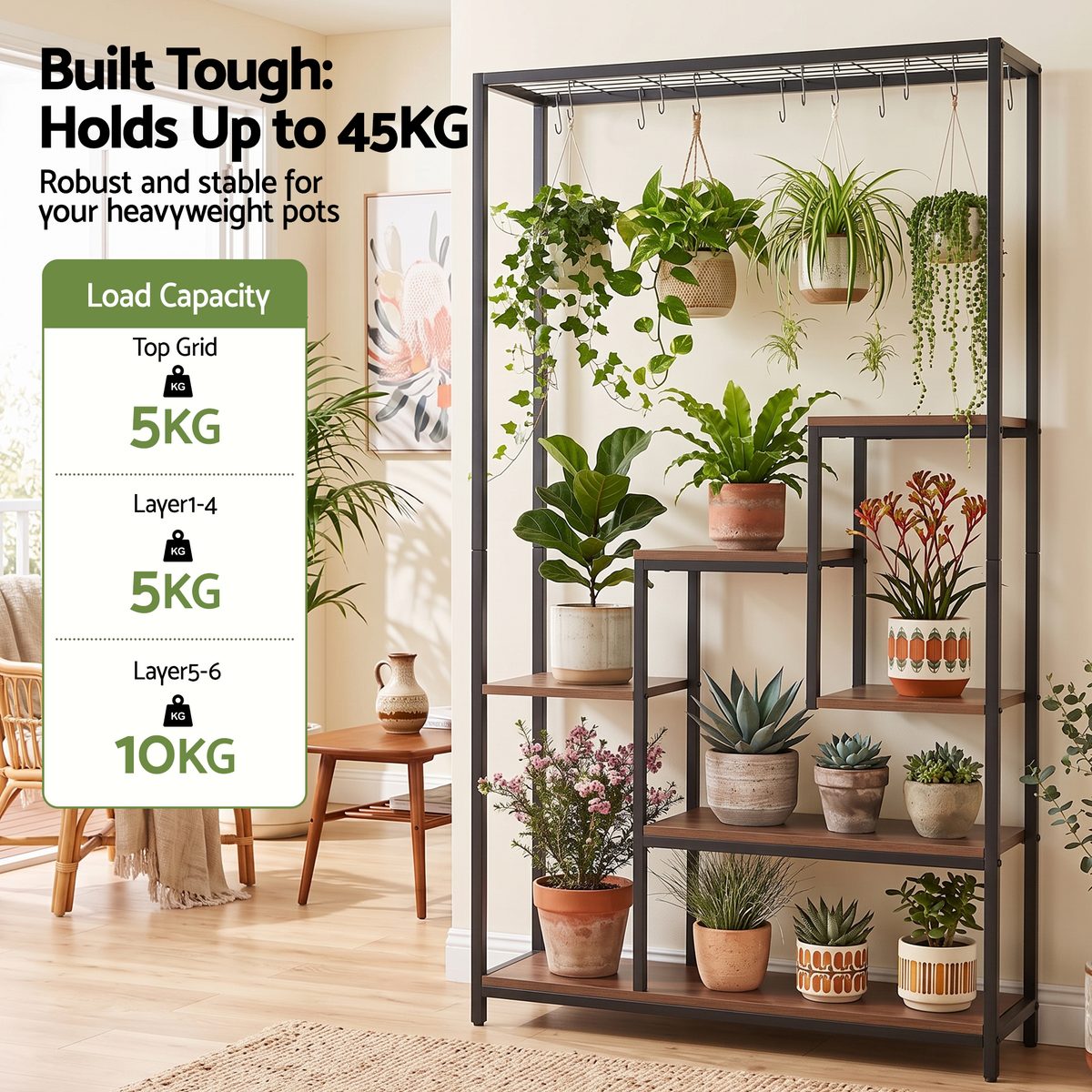 6-Tier Tall Indoor Plant Stand with Hanging Hooks and Wooden Shelves for Indoor Outdoor Use