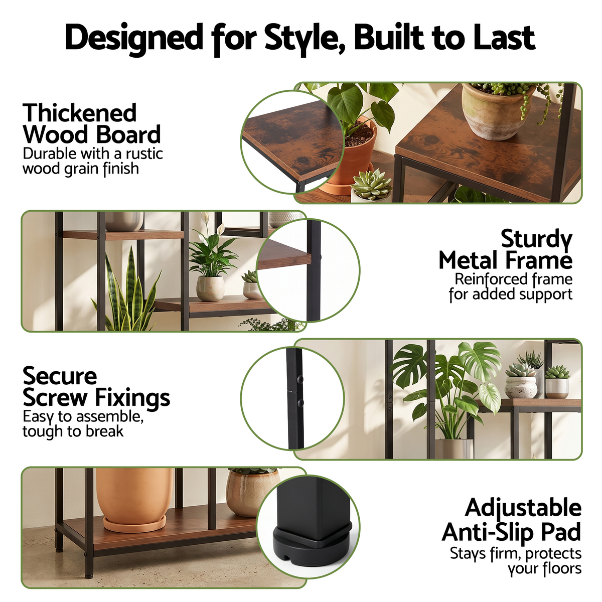 6-Tier Tall Indoor Plant Stand with Hanging Hooks and Wooden Shelves for Indoor Outdoor Use