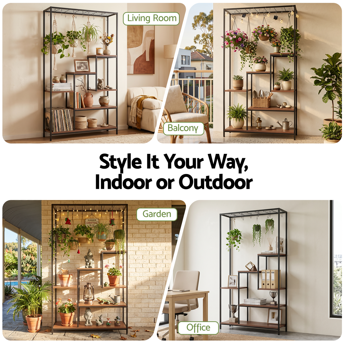 6-Tier Tall Indoor Plant Stand with Hanging Hooks and Wooden Shelves for Indoor Outdoor Use
