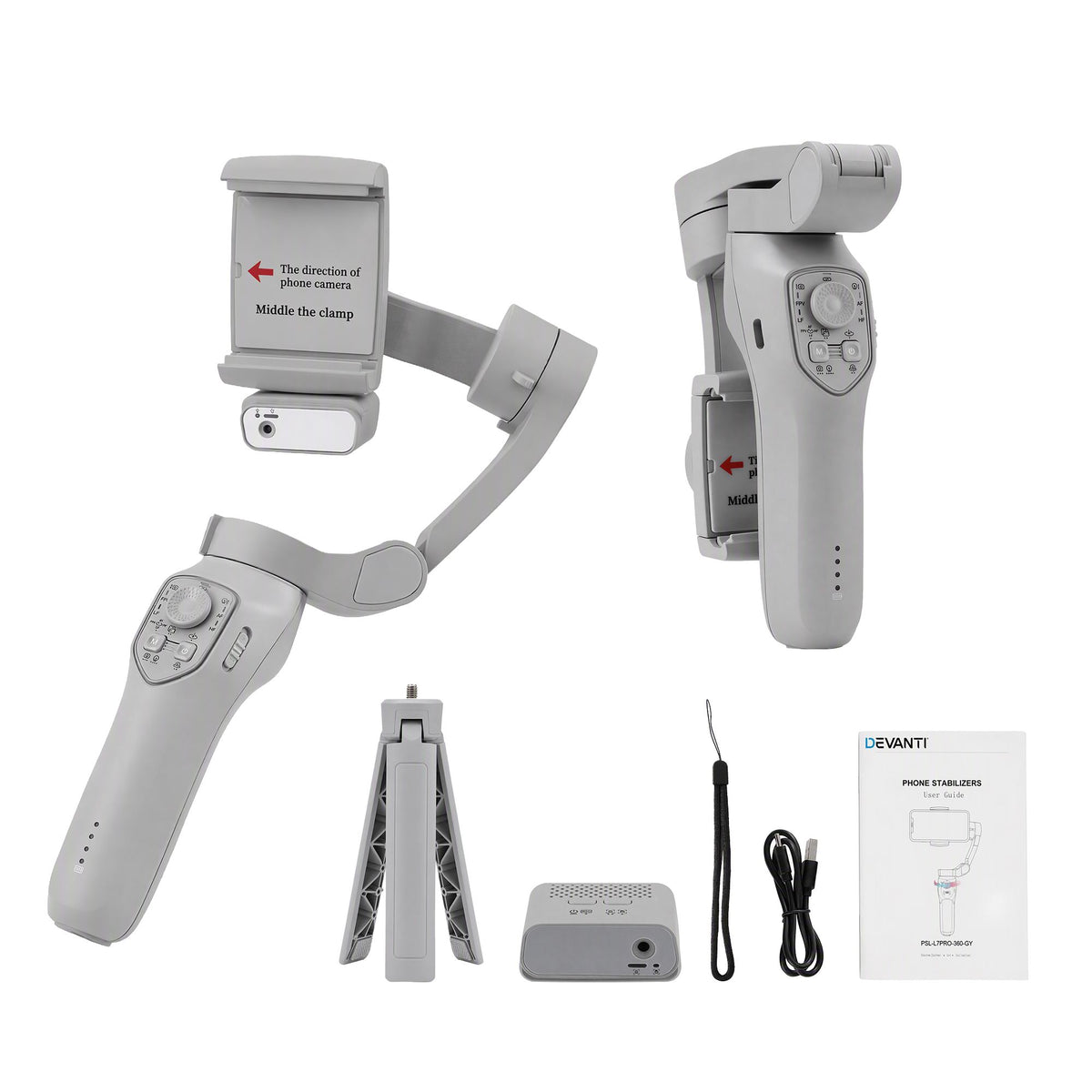 3-Axis Handheld Smartphone Gimbal Stabiliser with Tripod, AI Tracking & Fill Light - Grey