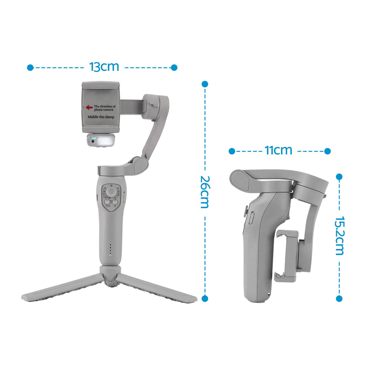 3-Axis Handheld Smartphone Gimbal Stabiliser with Tripod, AI Tracking & Fill Light - Grey