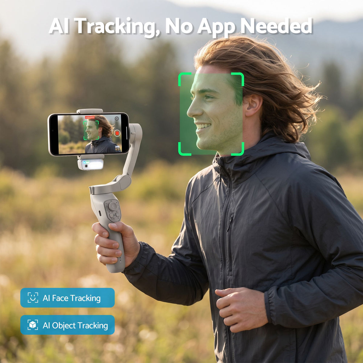 3-Axis Handheld Smartphone Gimbal Stabiliser with Tripod, AI Tracking & Fill Light - Grey