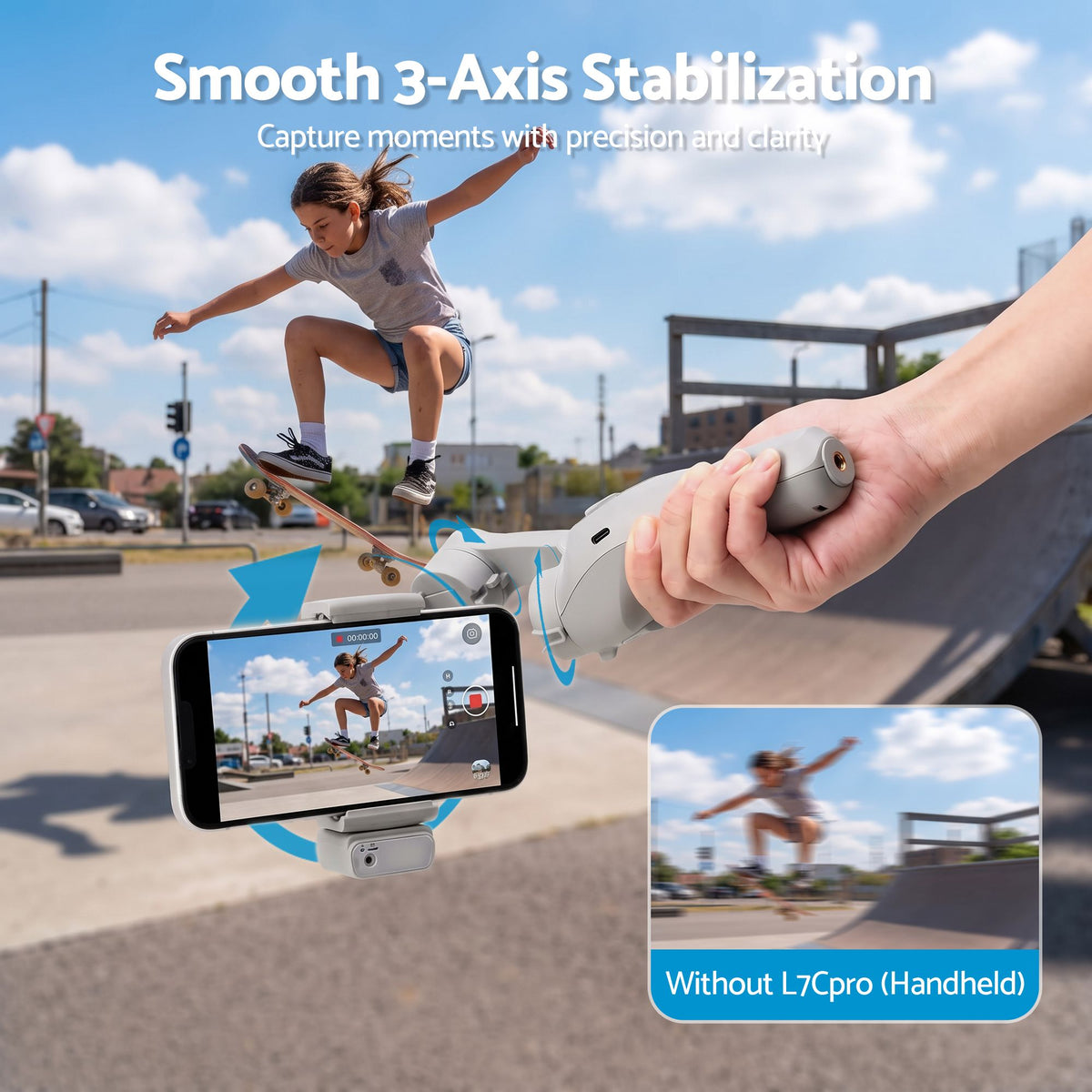 3-Axis Handheld Smartphone Gimbal Stabiliser with Tripod, AI Tracking & Fill Light - Grey