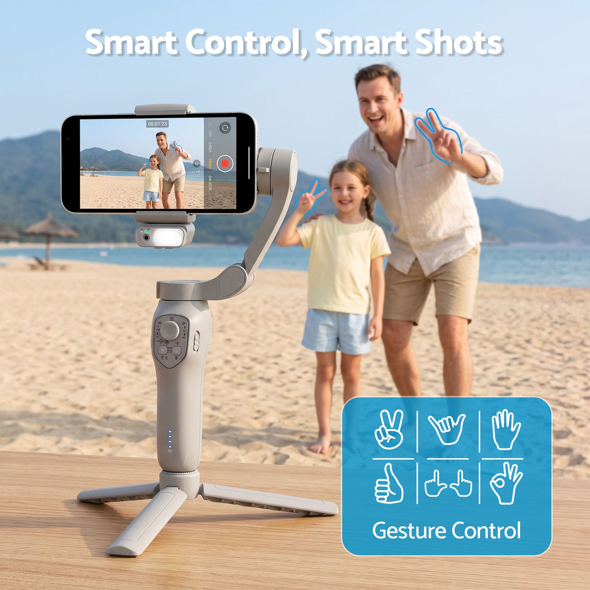 3-Axis Handheld Smartphone Gimbal Stabiliser with Tripod, AI Tracking & Fill Light - Grey