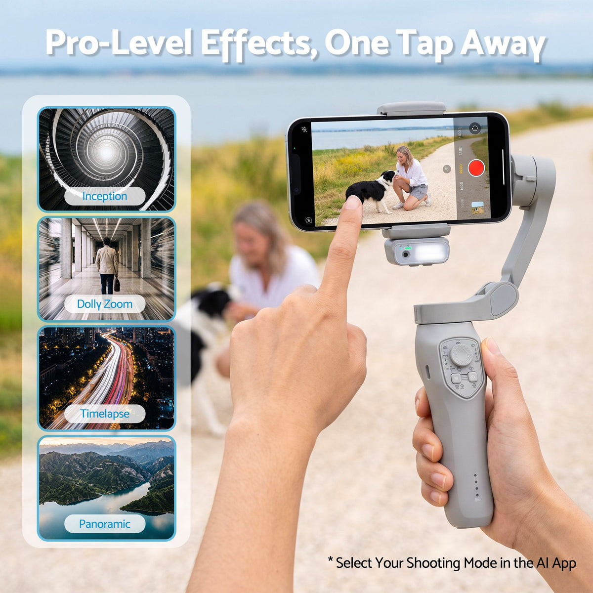 3-Axis Handheld Smartphone Gimbal Stabiliser with Tripod, AI Tracking & Fill Light - Grey
