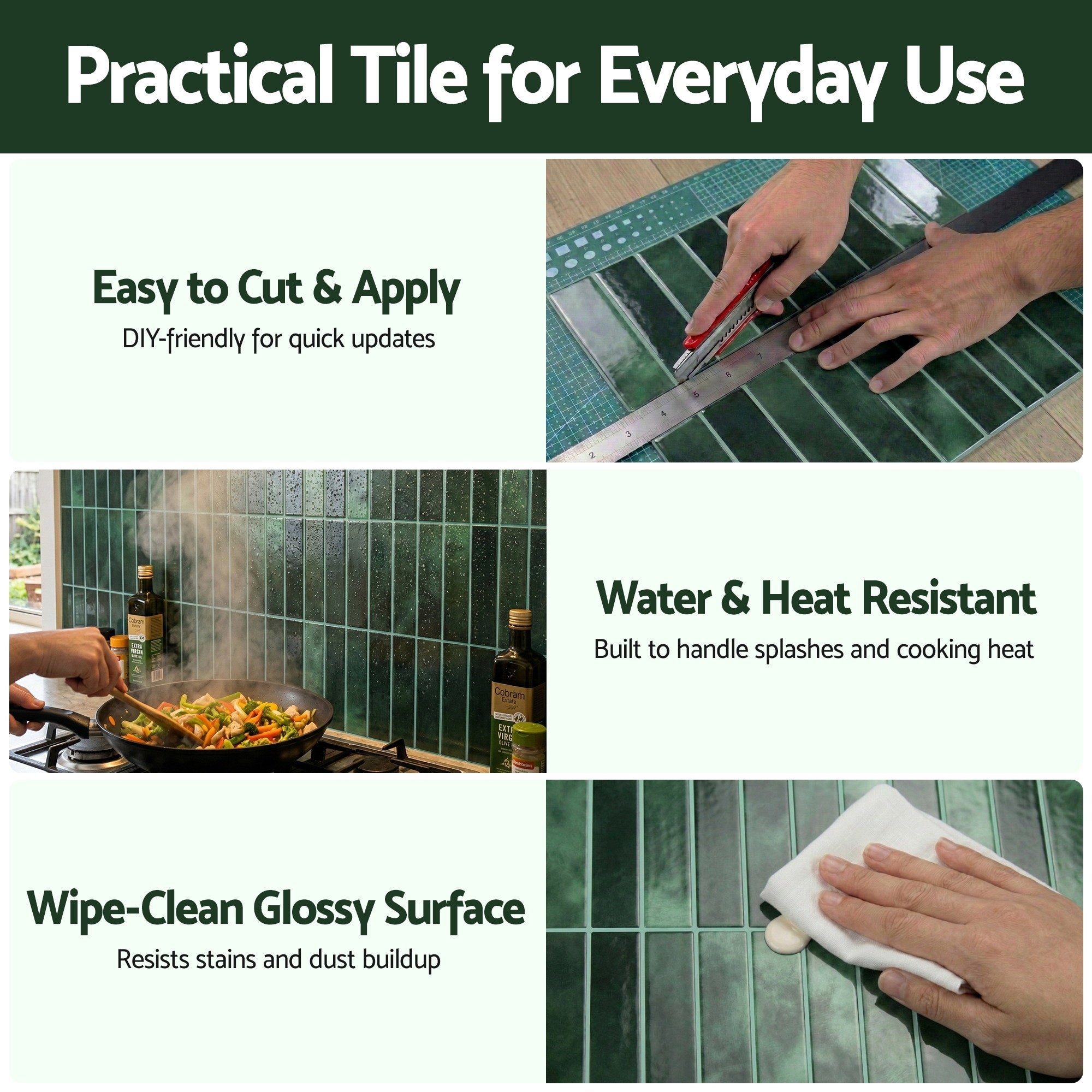 3D Peel and Stick LinearGrid Wall Tiles 10 Sheets - Green