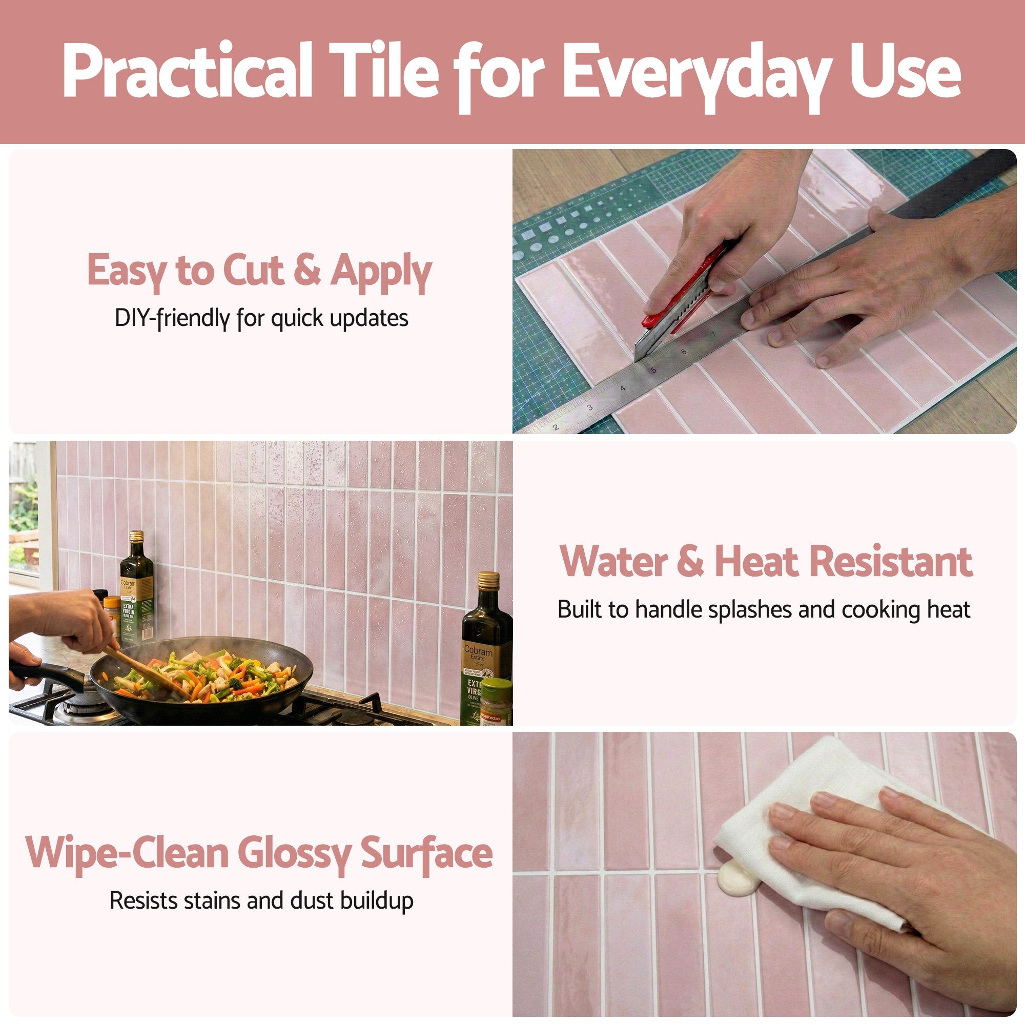 3D Peel and Stick LinearGrid Wall Tiles 10 Sheets - Pink