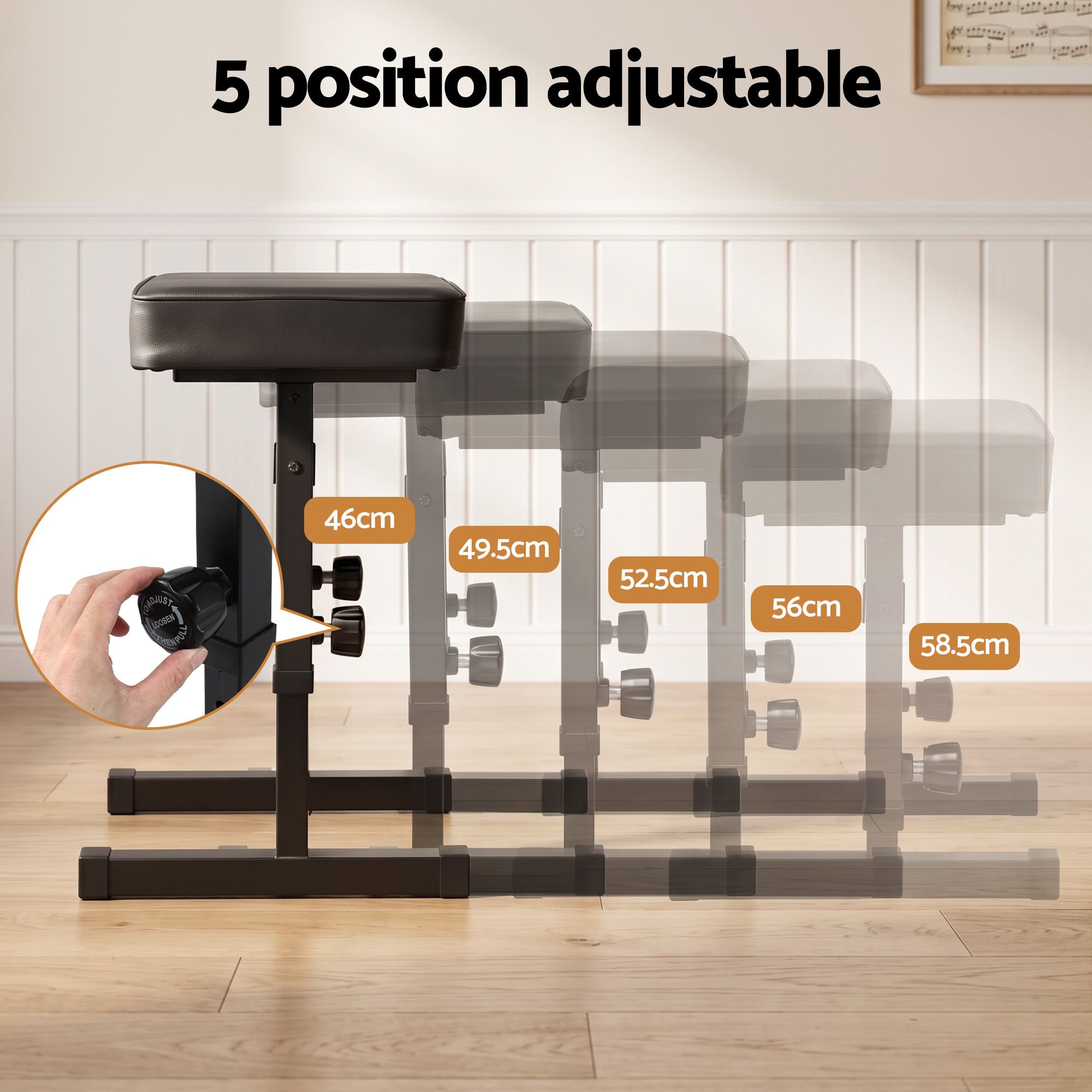 Piano Bench Adjustable Seat Heavy Duty H-Shape Piano Stool Black