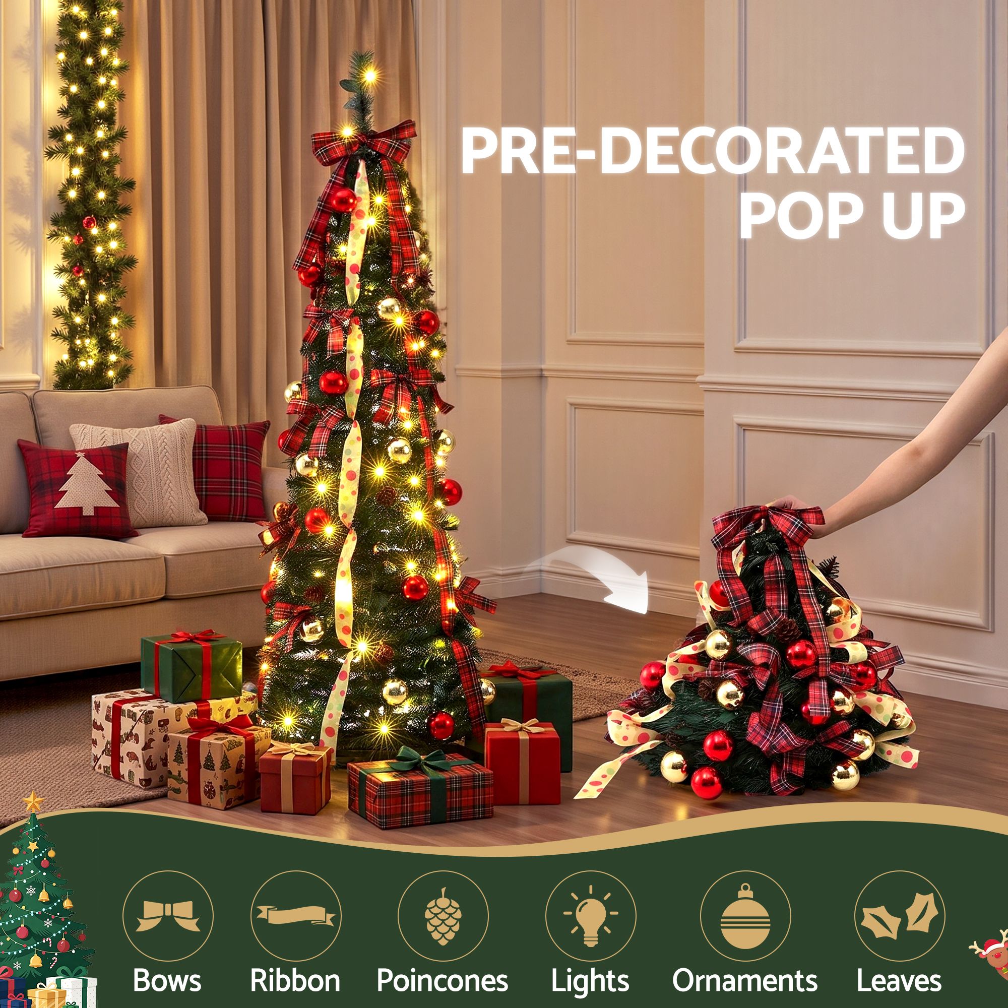Pop Up Christmas Tree Pre Decorated Artificial Christmas Tree 160cm