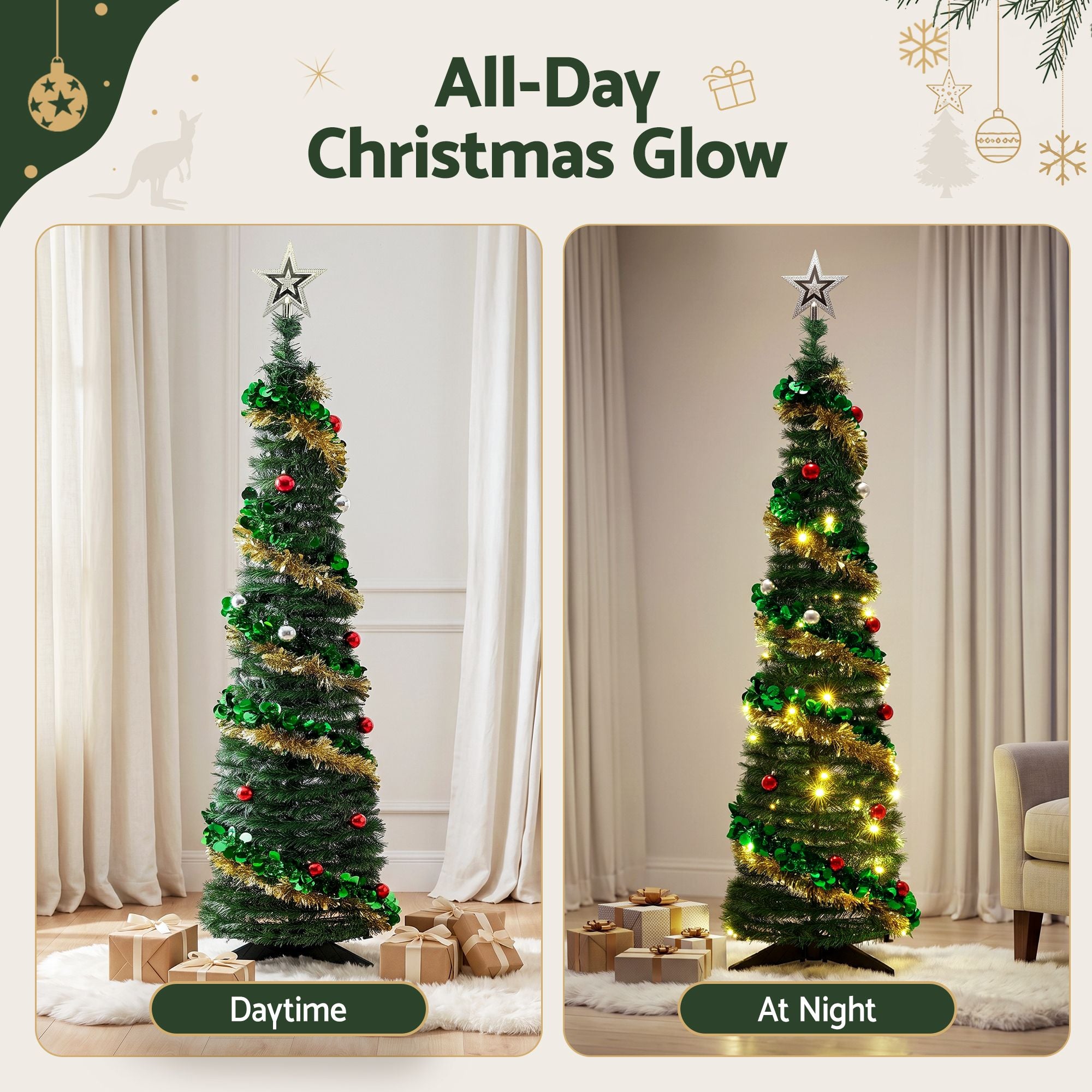 Pop Up Christmas Tree Pre Decorated Warm White LED 160cm