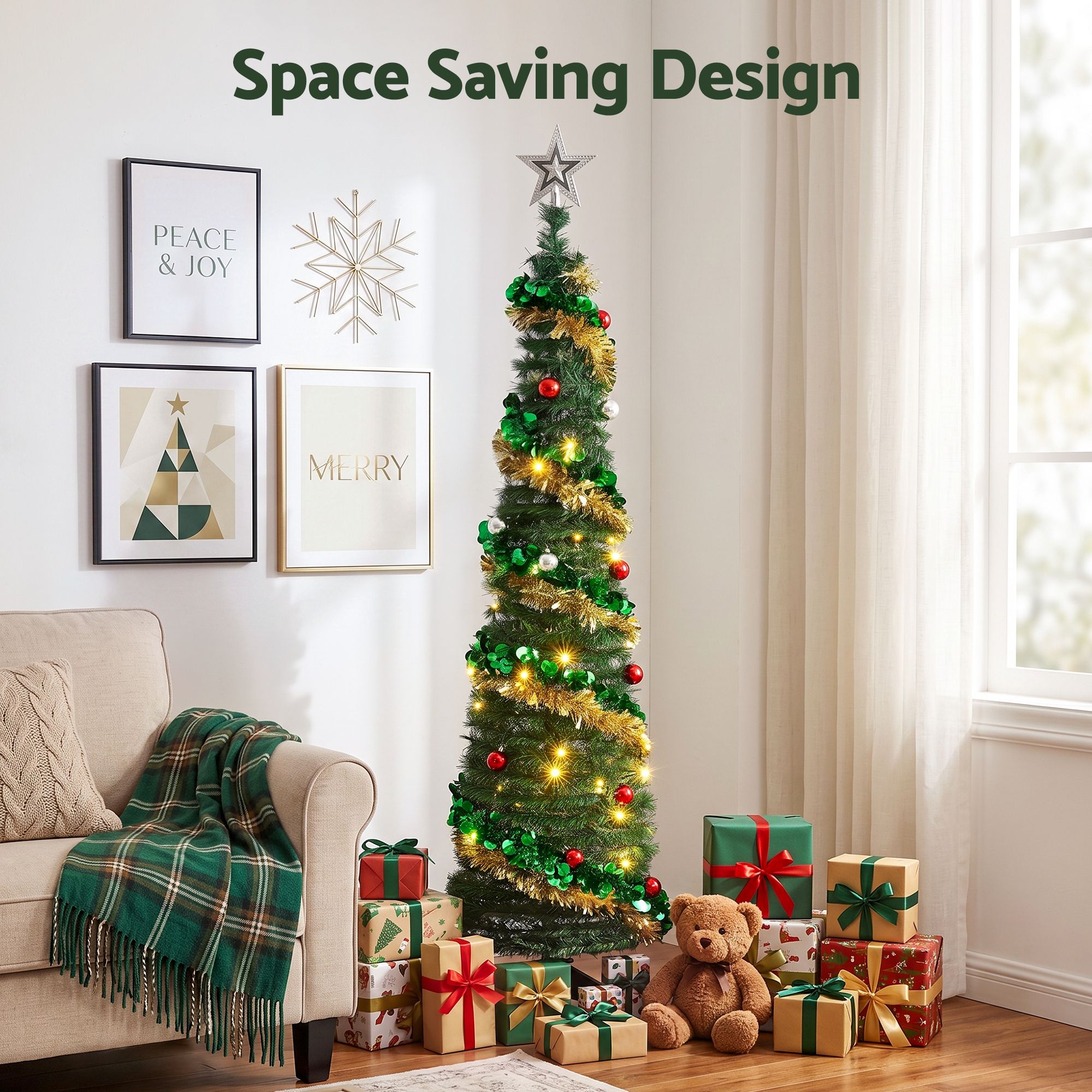 Pop Up Christmas Tree Pre Decorated Warm White LED 160cm