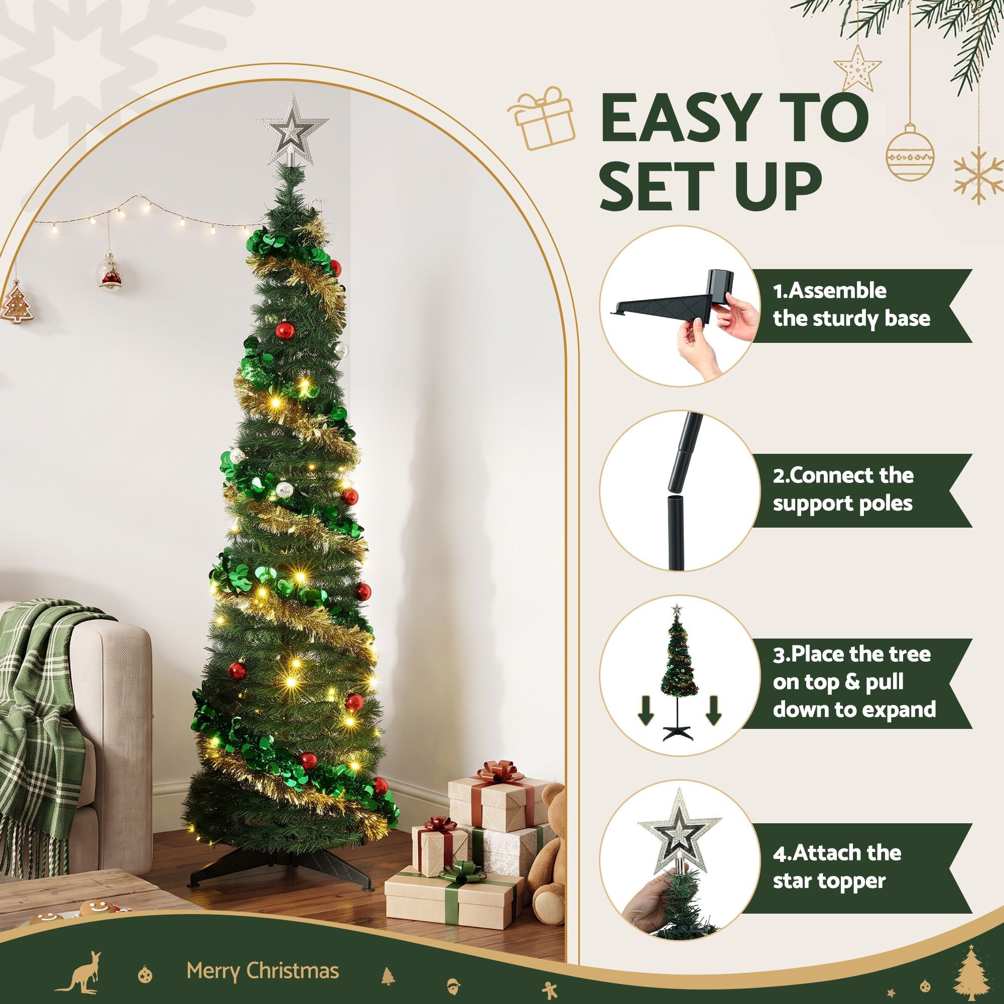 Pop Up Christmas Tree Pre Decorated Warm White LED 160cm