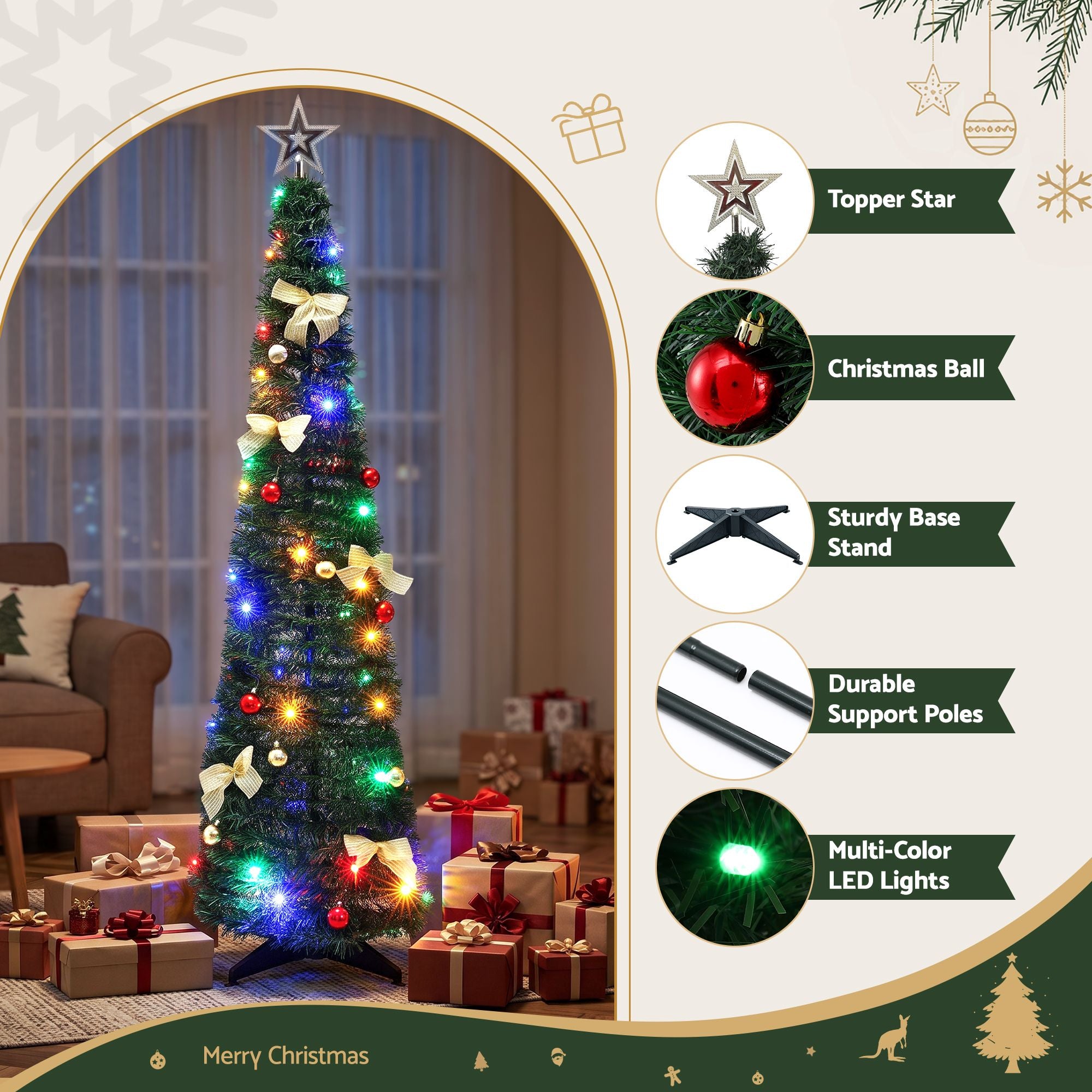 Pop Up Christmas Tree Pre Decorated Multicolour LED 155cm