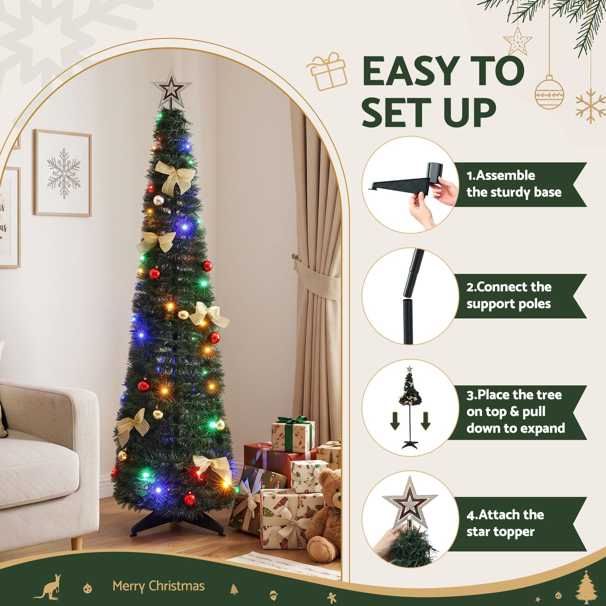 Pop Up Christmas Tree Pre Decorated Multicolour LED 155cm