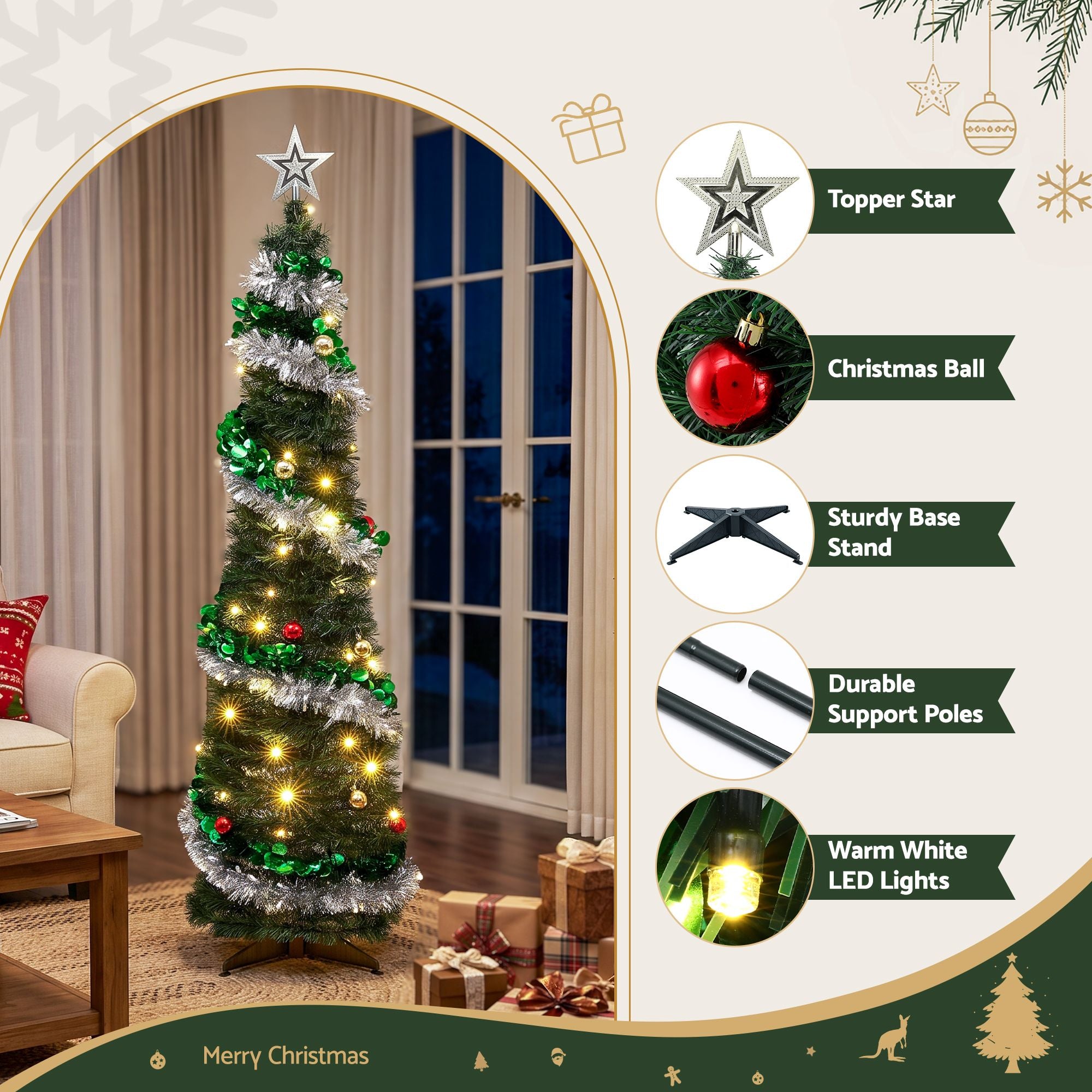 Pop Up Christmas Tree Pre Decorated Warm White LED 155cm