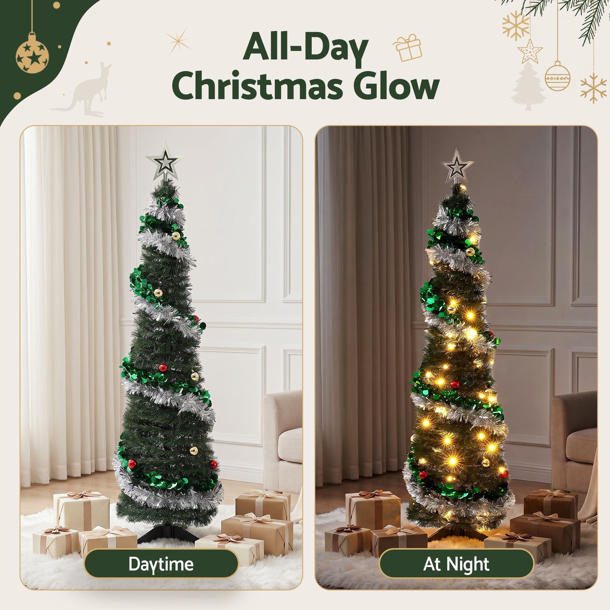 Pop Up Christmas Tree Pre Decorated Warm White LED 155cm