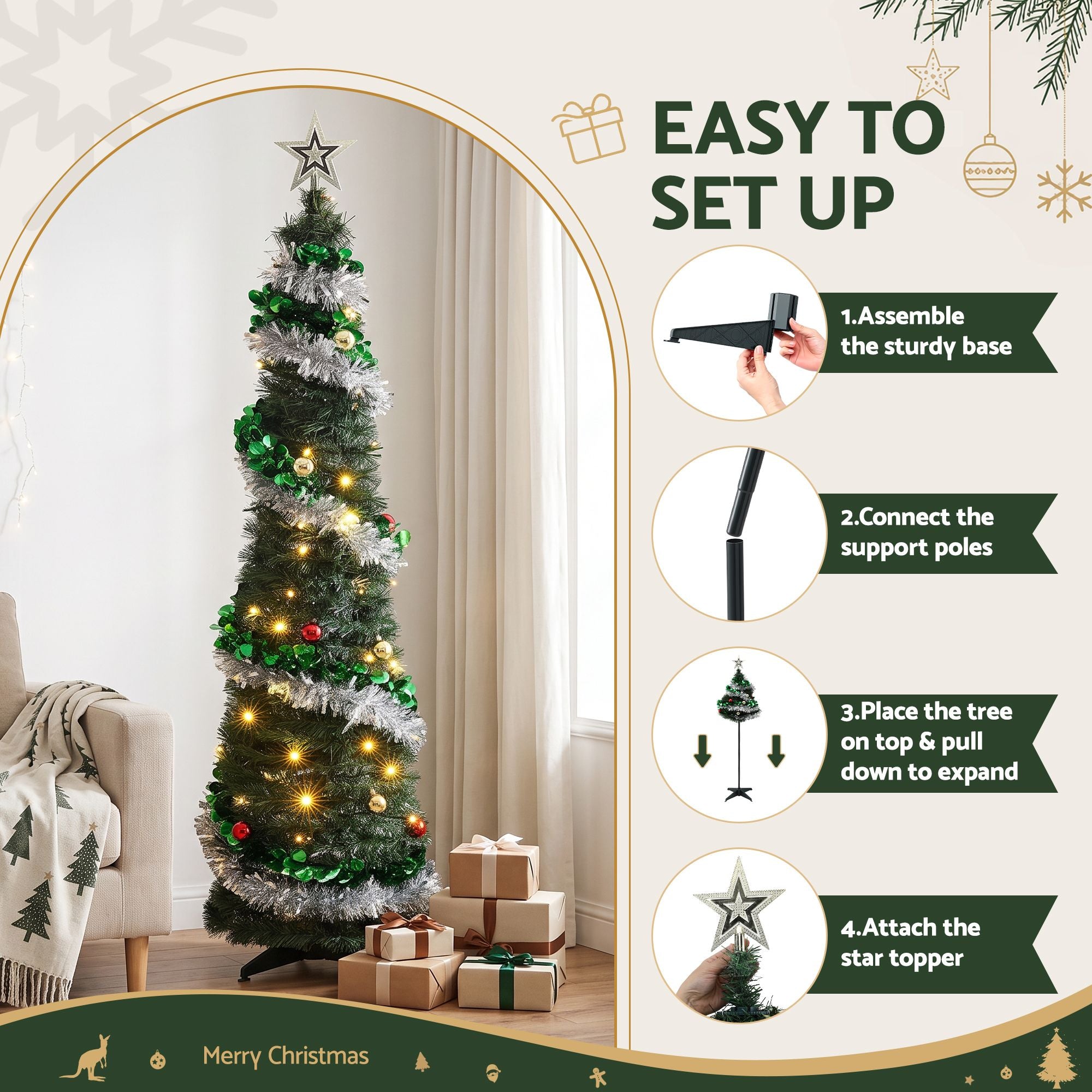 Pop Up Christmas Tree Pre Decorated Warm White LED 155cm